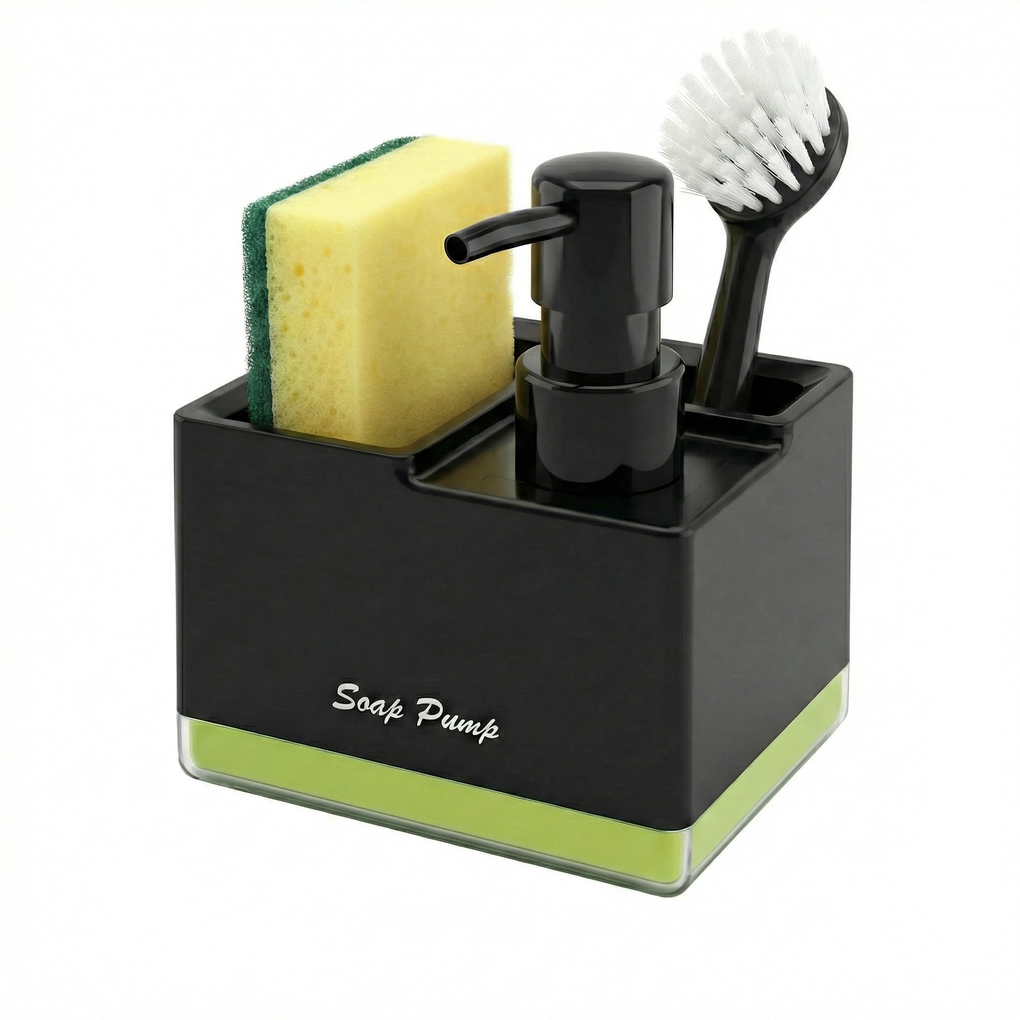 Dispenser di sapone 3 in 1 con porta spugna per il lavello della cucina (nero), erogatore di detersivo da cucina con porta spugna e spazzola, dispenser di sapone compatto 3 in 1 con ripiano, capacità