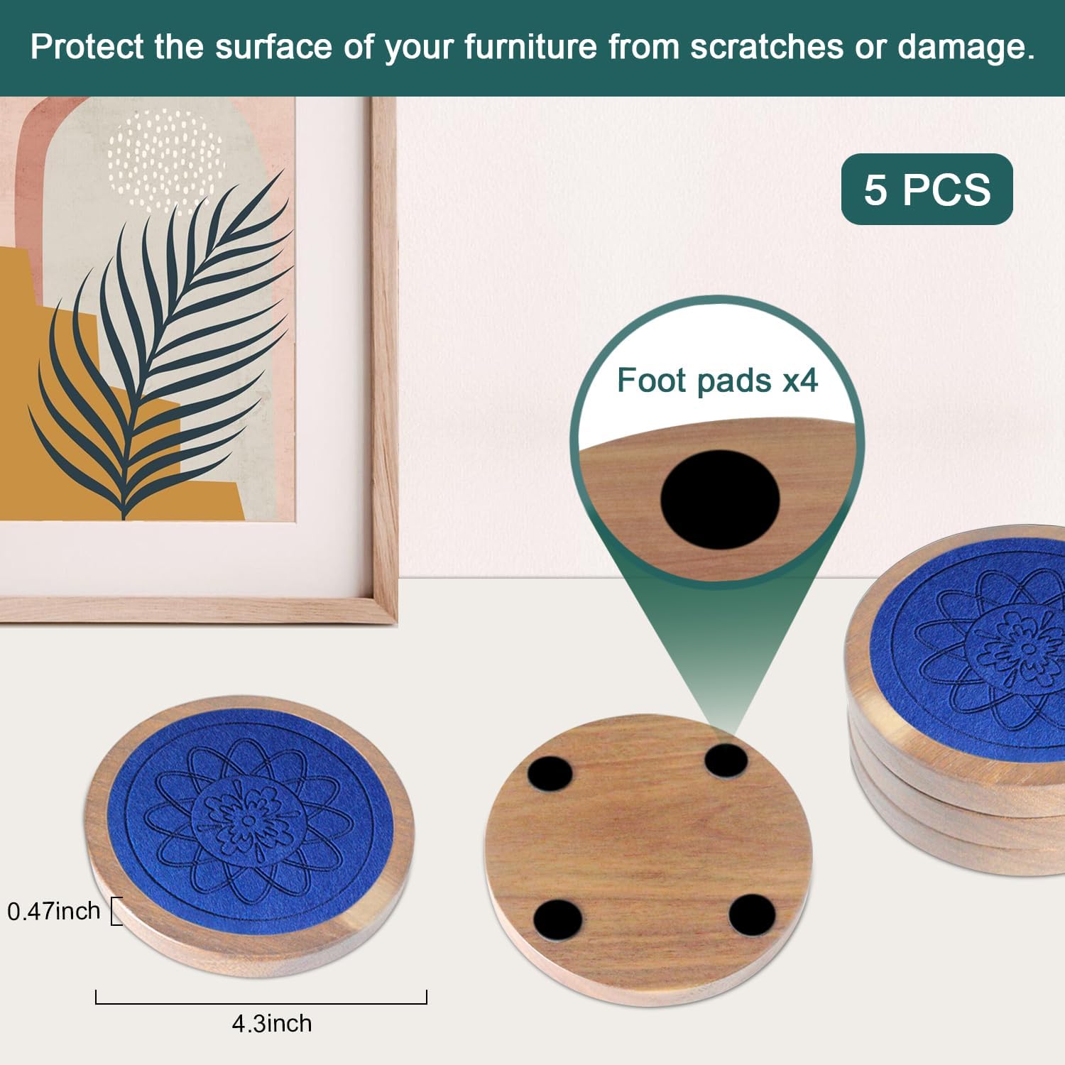 5 Pack Wood Coasters for Drinks, Minacun Absorbent Coaster Set, Drinks Coasters for Coffee Tabletop Protection, Non-Slip, Non-Stick, Suitable for Kinds of Cups Wooden Table Drink, 4.3 Inch Blue - Image 6