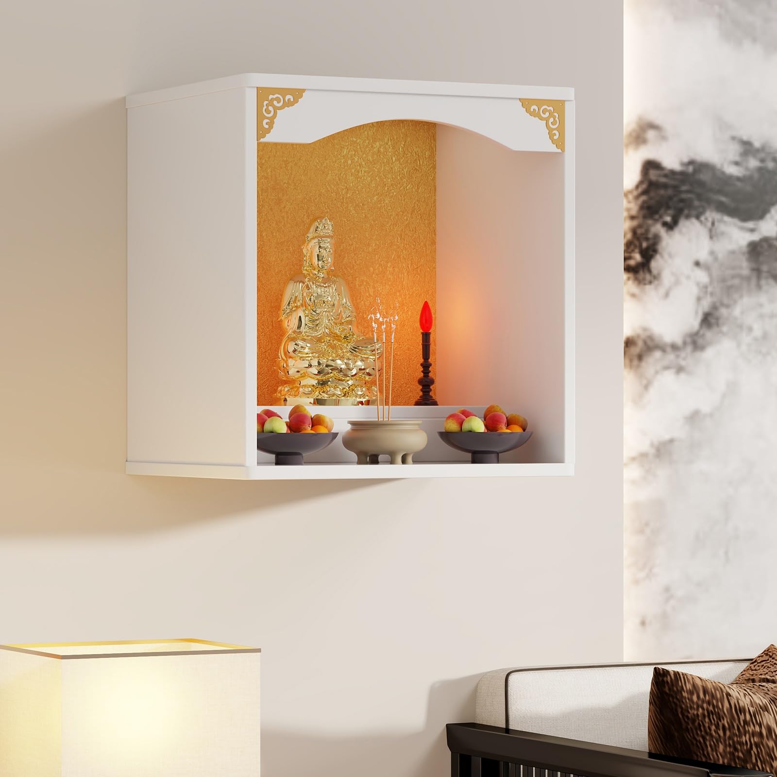 JNTFNE Wall-Mounted Shrine Altar Table，Tabletop Chinese Feng Shui Guan Gong Yin Pooja Statue Display Stand，With door Alter Cabinet(White,40 * 40 * 60cm/15.7 * 15.7 * 23.6in)
