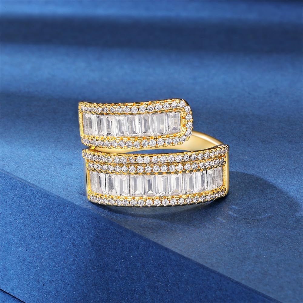 MDFUN 18K Yellow Gold Plated Engagement Promise Wedding Eternity Ring for Women, 2 Rows Emerald Cut Cubic Zirconia Halo Rings Size 5-10 - Image 3