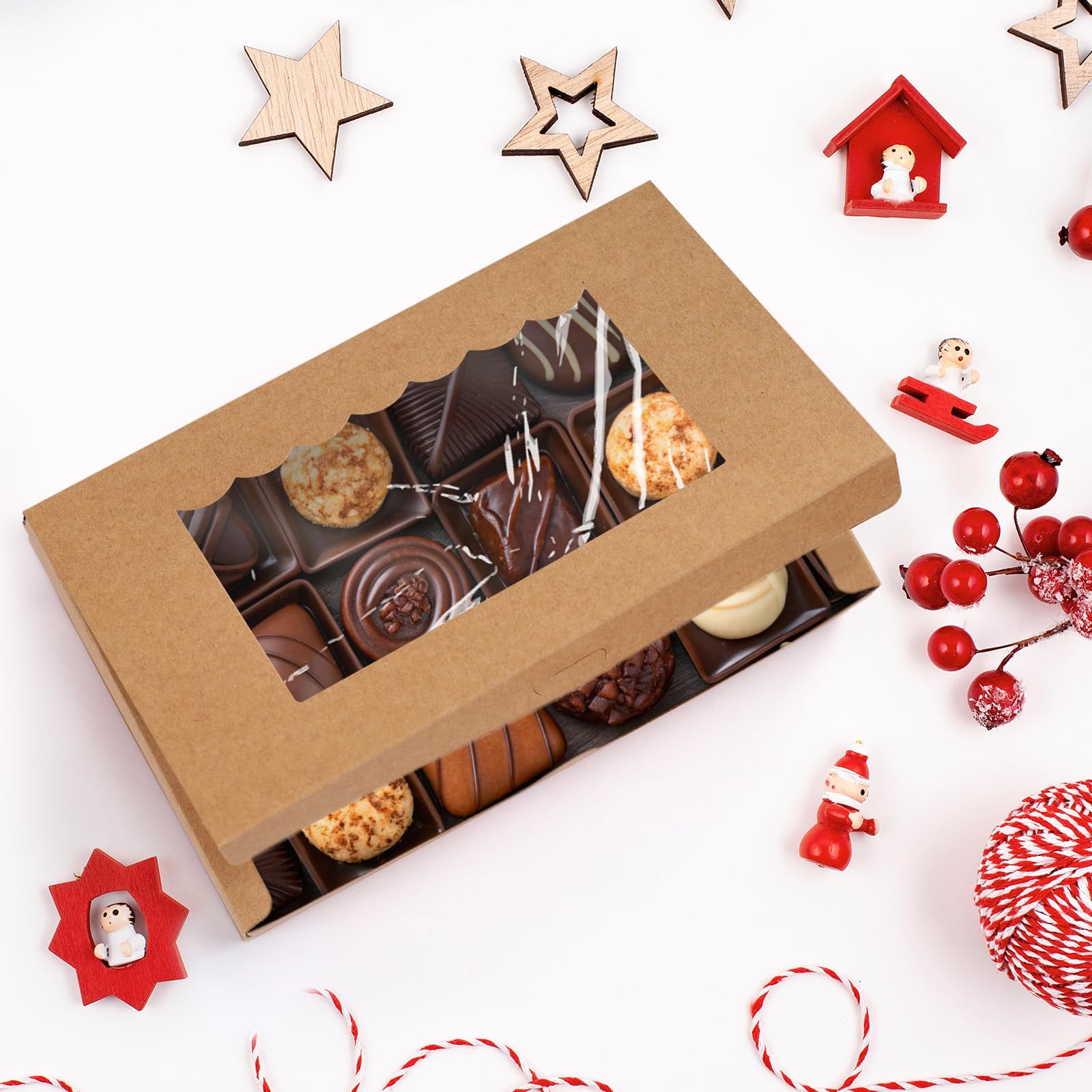 20 cajas de cartón de papel kraft con ventana, 21,5 x 14 x 5,1 cm, caja de regalo para galletas, magdalenas, dulces, pasteles
