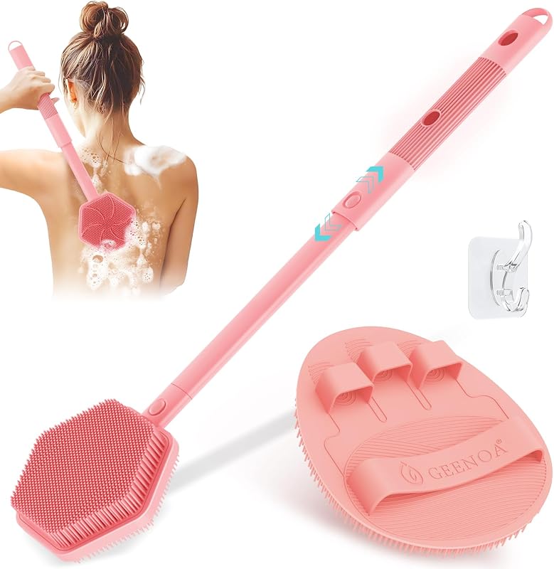 Conjunto GEENOA com escova de silicone para costas e luva de banho, cabo ajustável e cabeça dupla, rosa, 2 unidades