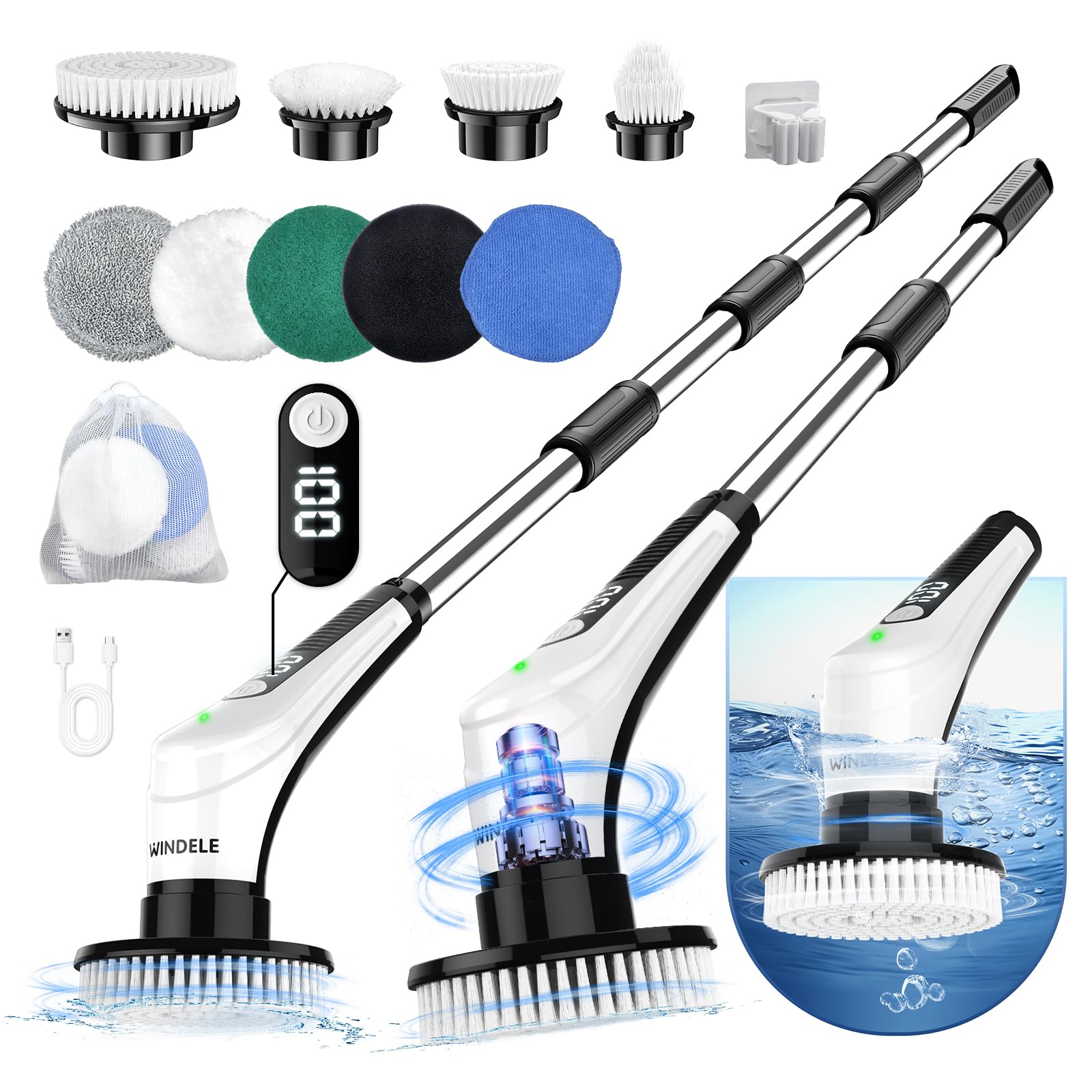 Electric Spin Scrubber, IPX8 Waterproof Cordless Cleaning Brush Scrubber with Power LCD Display, 10-in-1 Brush Heads- 4-Section Handle Electric Cleaning Brush for Bathroom, Tub, Floor, Car