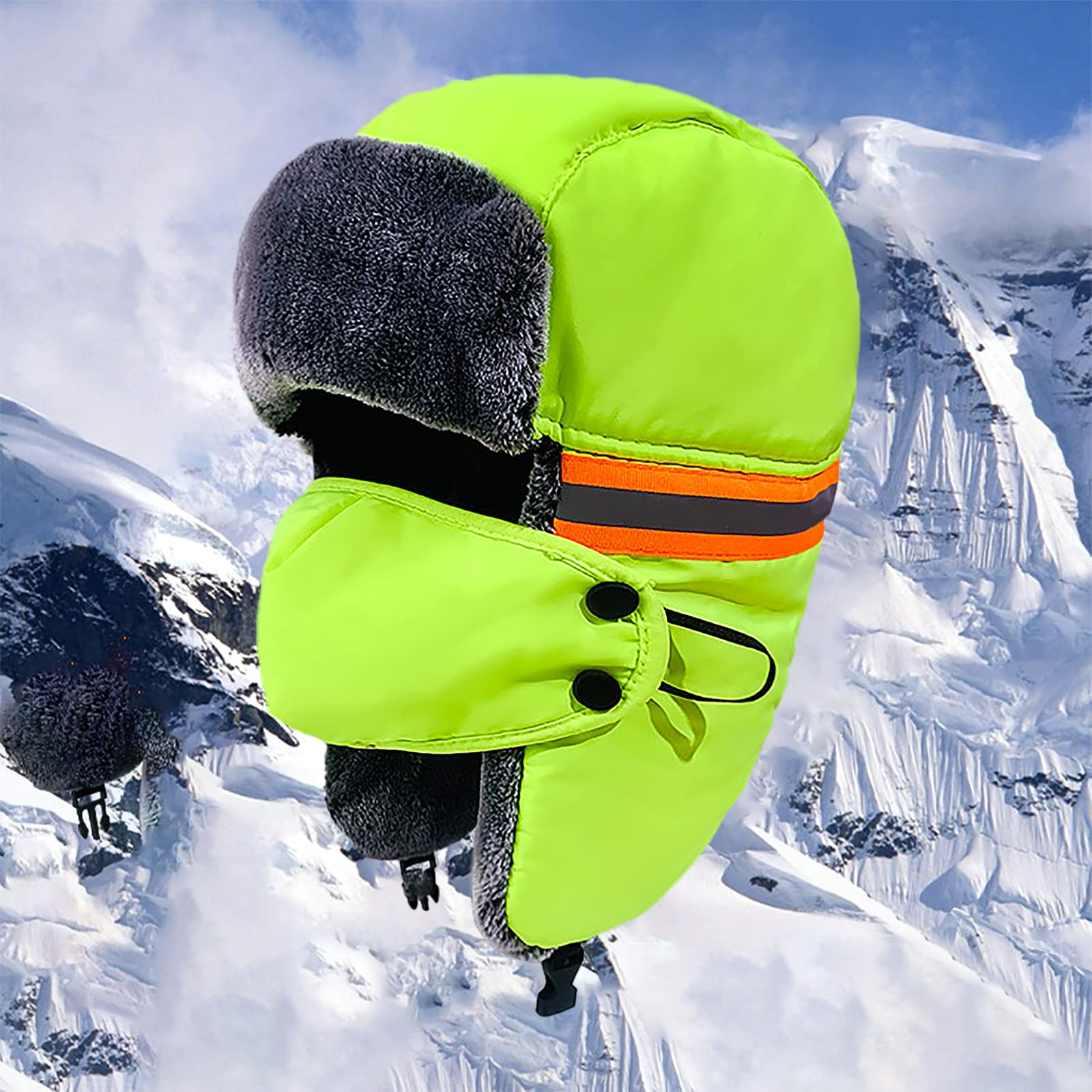 Winter Reflective Trapper Hat with Ear Flaps Face Mask Waterproof Windproof Warm Faux Fur Lined Russian Hunting Hat for Men Green