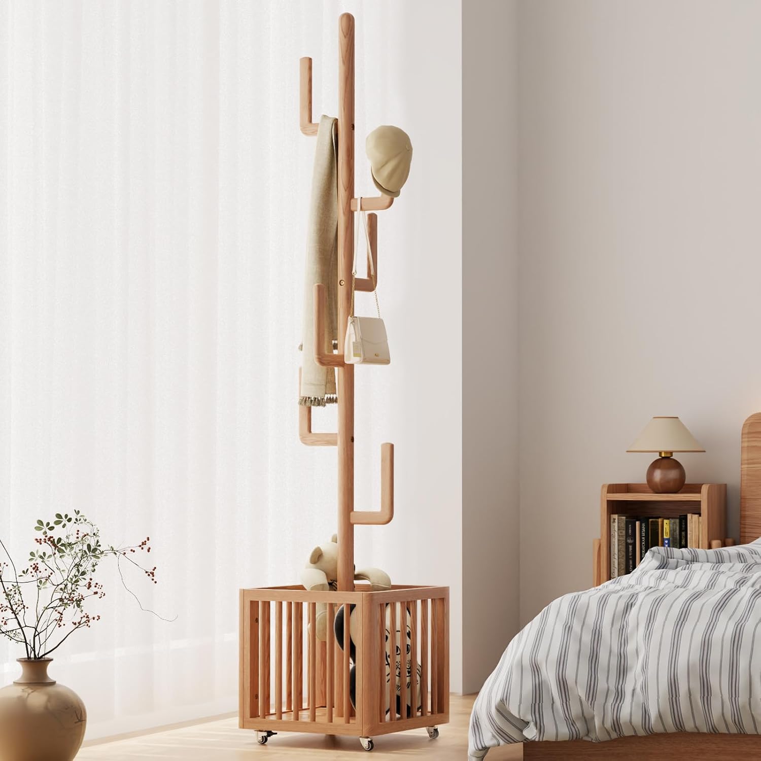 Cactus Coat Rack,Soild Wood Coat Rack With 6 Hooks for Living Room, Entryway (Natural)