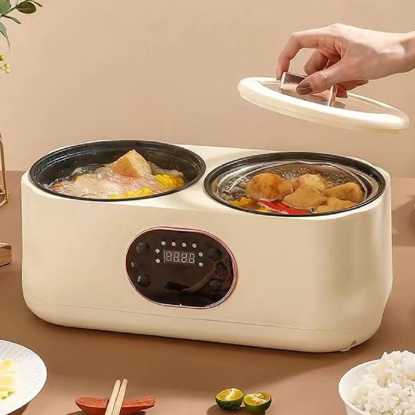 2-in-1-Doppel-Slow-Cooker, Dual-Combo-Slow-Cooker und Reiskocher, Doppel-Innen-Multifunktions-Reiskocher mit 6 Kocheinstellungen, Elektrischer Hot Pot für zu Hause