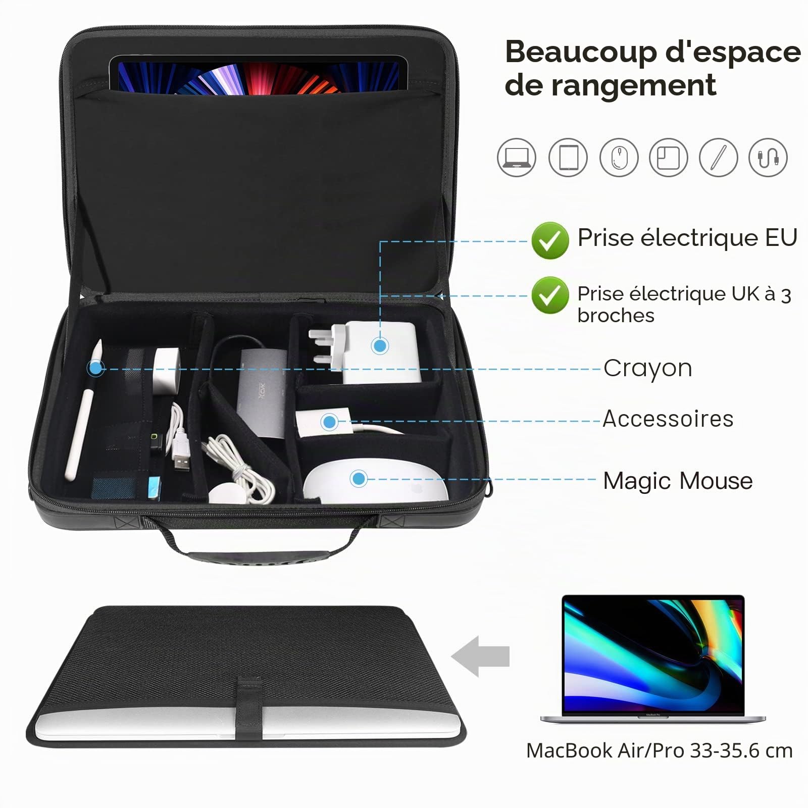 Smatree Sacoche Rigide pour Ordinateur Portable 13 pouces Compatible avec MacBook Pro 13,3-14 pouces/ MacBook Air 13,6 pouces, Housse de transport 13,3 pouces avec Compartiment pour Accessoires -Noir