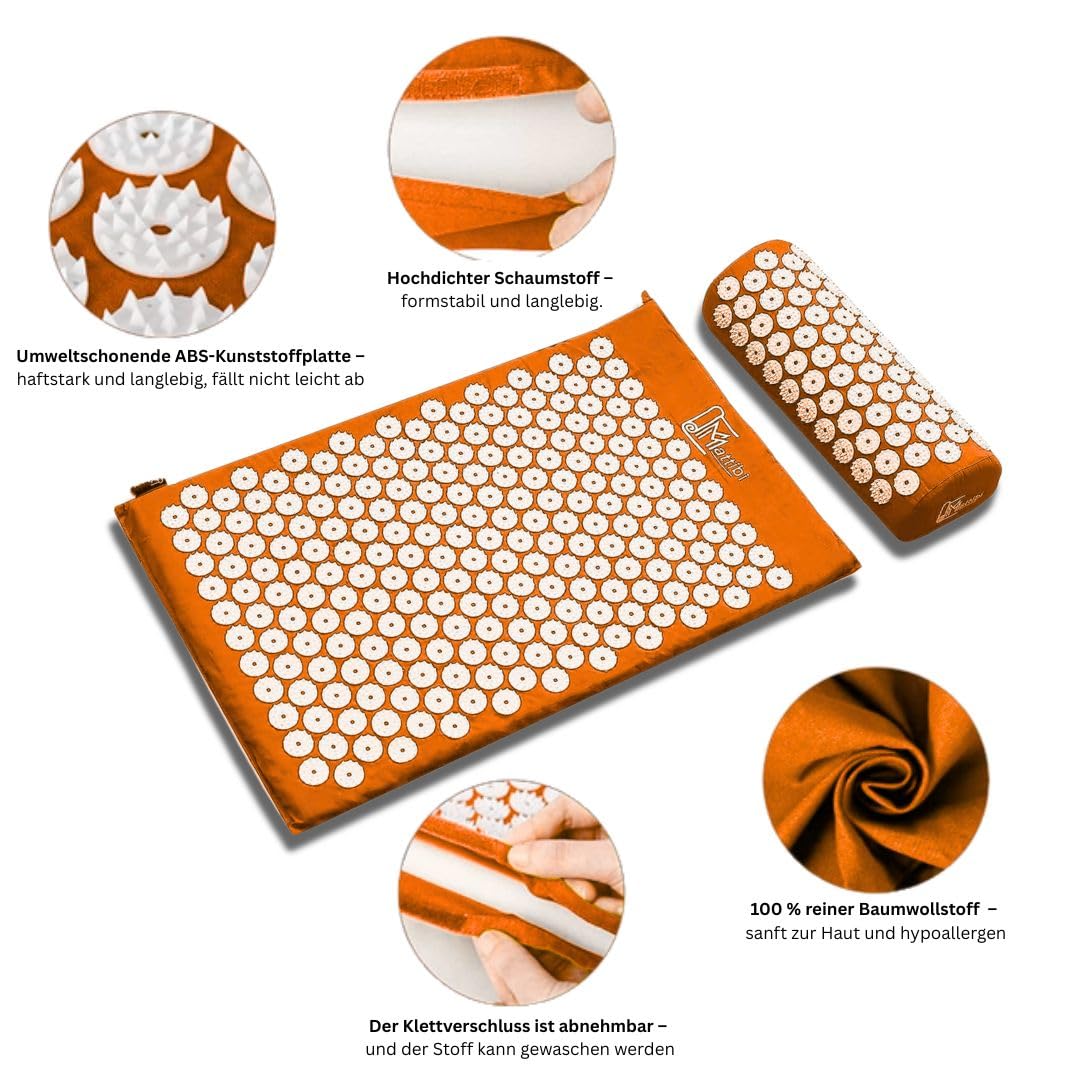 Akupressurmatte mit kissen für Massage & Schmerzlinderung [Das Original], Orange Nadelmatte Set zur Entspannung für Nacken, Rücken, Füße | Yantramatte, Stachelmatte für Meditation