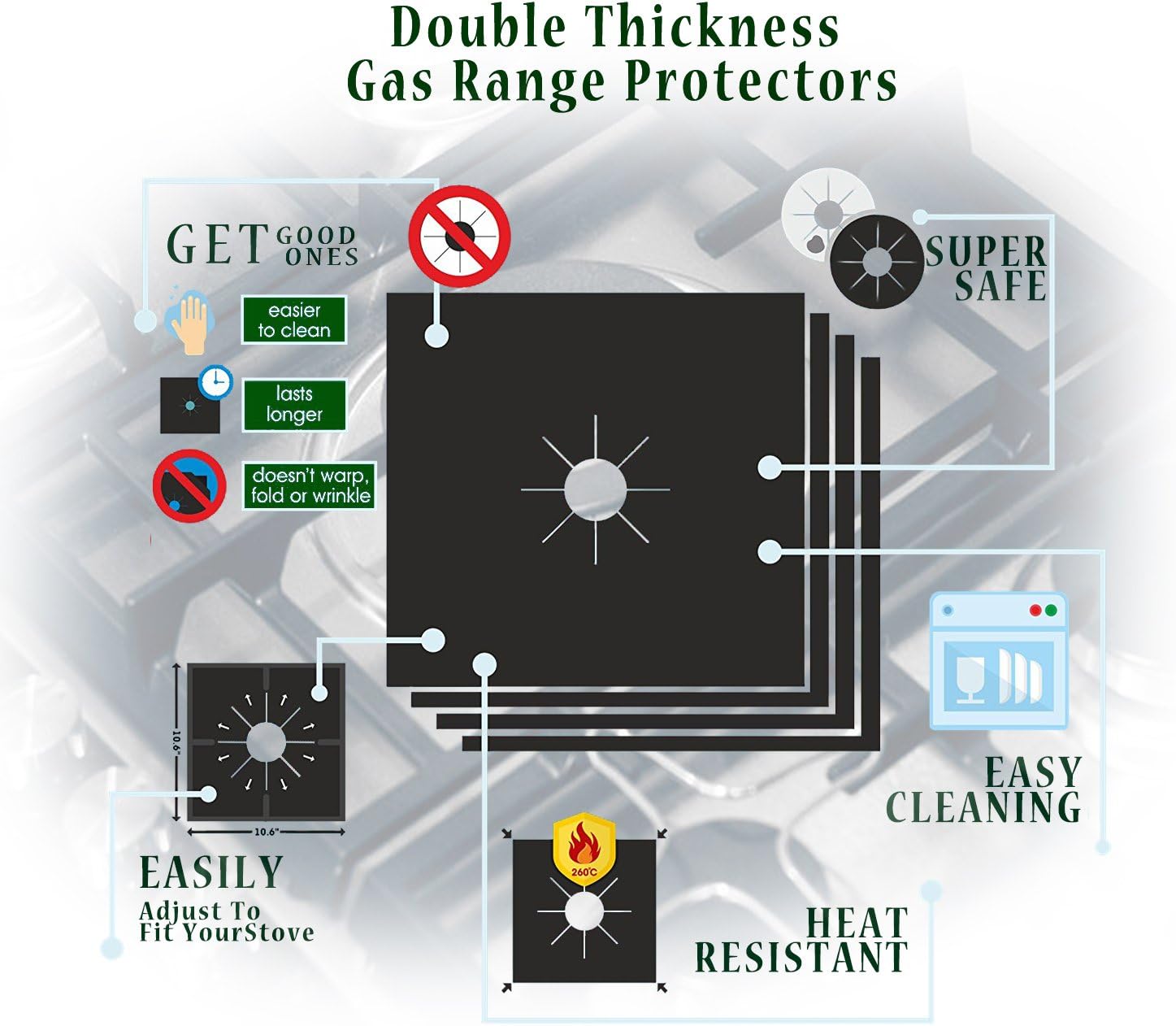 Sunny Town Stove Burner Covers- Reusable Gas Range Protectors,Non-stick Stovetop Burner Liner Cover-Size 10.6"x 10.6"-Double Thickness 0.2mm,BPA Free, Heat-resistant,8 Black Pack : Appliances