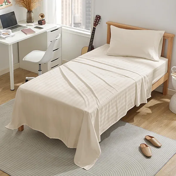 SLEEP ZONE Striped Cooling Twin Sheets Set for Kids - Fitted Flat Sheet & Pillowcase Sets 3 Piece - Super Soft Stripe Bed Sheet, Easy Care, Deep Pocket (Beige, Twin)