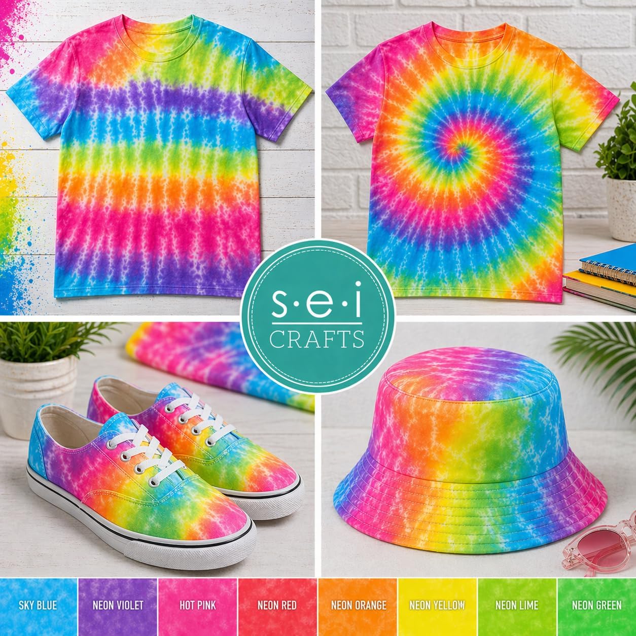 SEI 16 Pack Classic & Neon Tie Dye Spray Kit, Tye Dye Kits for Large Groups, Pre-Mixed Water Based Fabric Dye, Spray Bottle Included, Spray Paint for Clothes