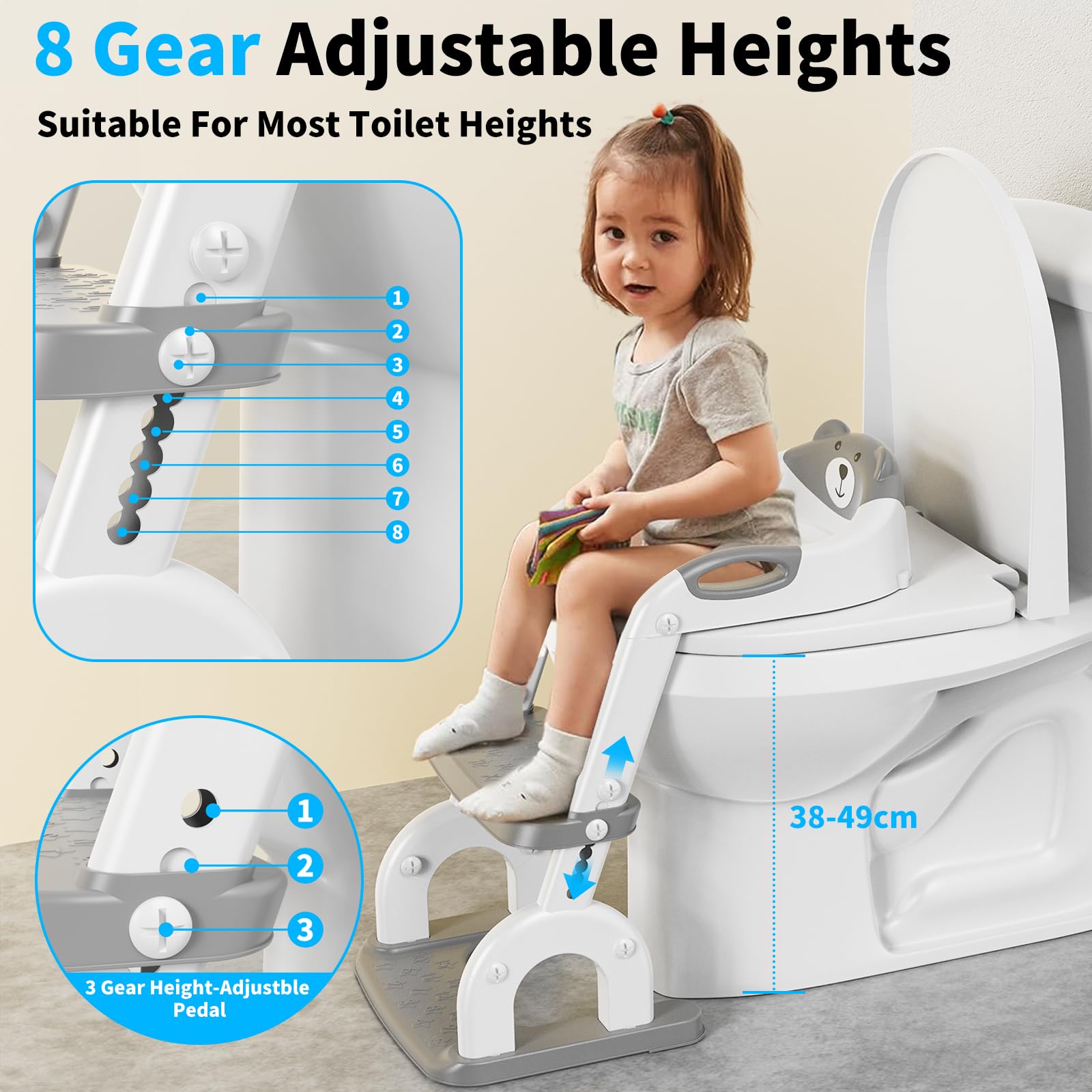 Sedile WC per bambini con scale, accessorio per WC aggiornato, per bambini e bambine, 2 in 1, con scale, regolabile in altezza, comodi sedili per WC sicuri, poggiapiedi per bambini