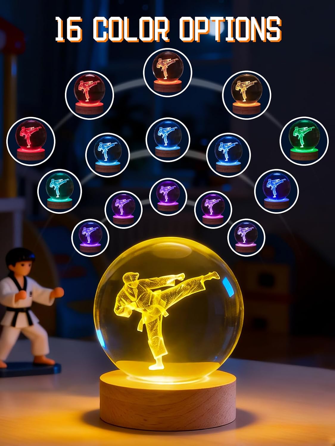 Ammonite Karate Crystal Ball 3D Night Light, Taekwondo Gifts 16 Colors Changing with Remote Control Wooden Base, Karateka Glass Figurines Statue, Christmas Birthday Gifts for Martial Artist