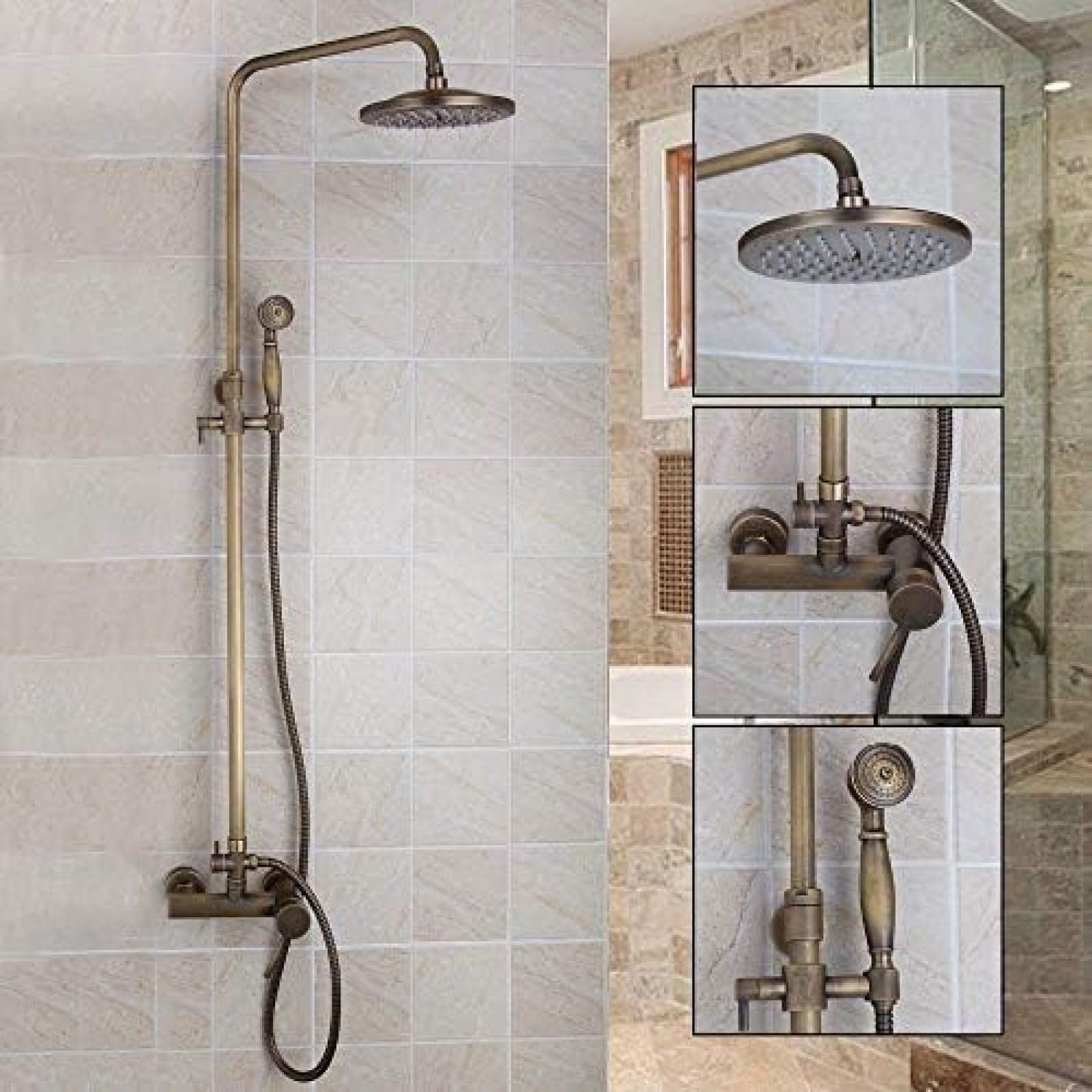 Ensemble de douche mélangeur avec pulvérisation à main et mitigeur laiton antique