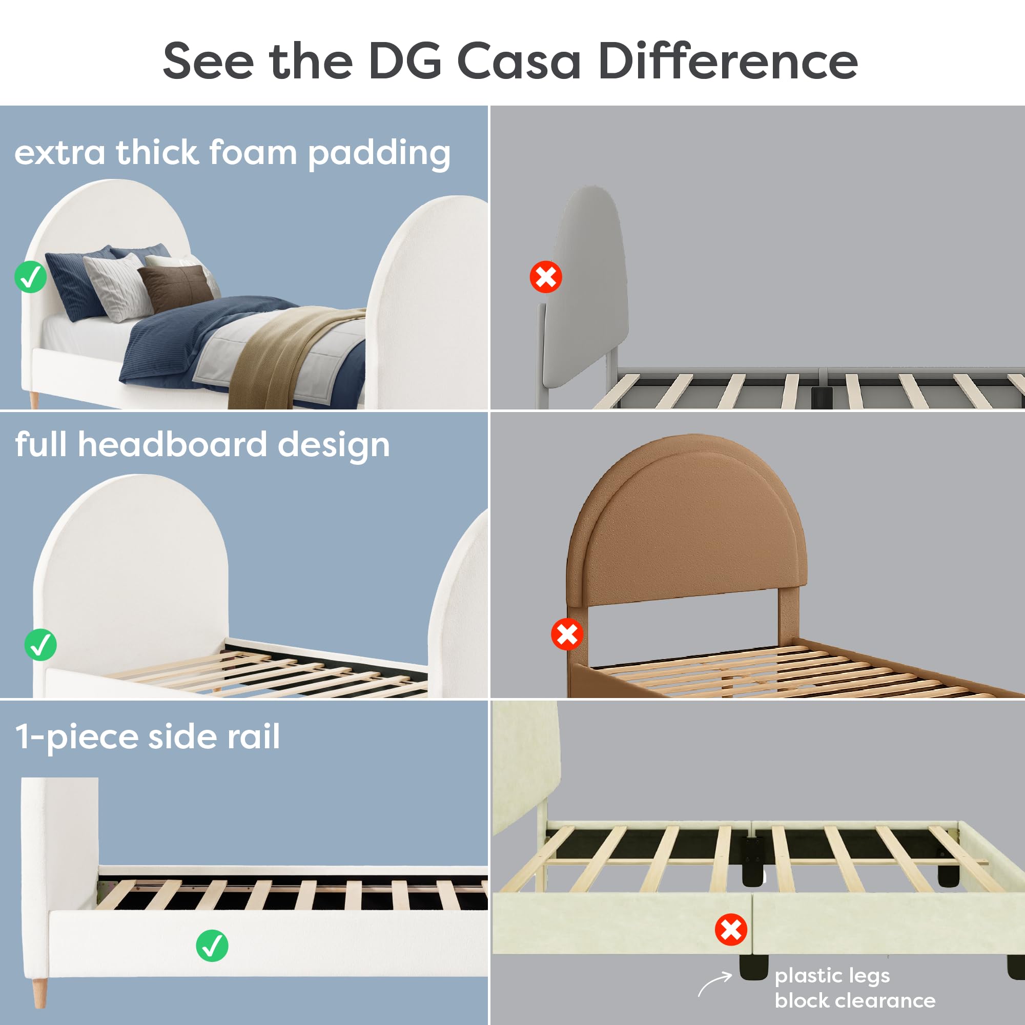 DG Casa Boucle Cloud Bed Frame with Arch Shaped Headboard, Upholstered in Soft Fabric, Platform Bed Frame with Solid Wood Legs - Boho or Modern Style - No Box Spring Needed - Queen Size