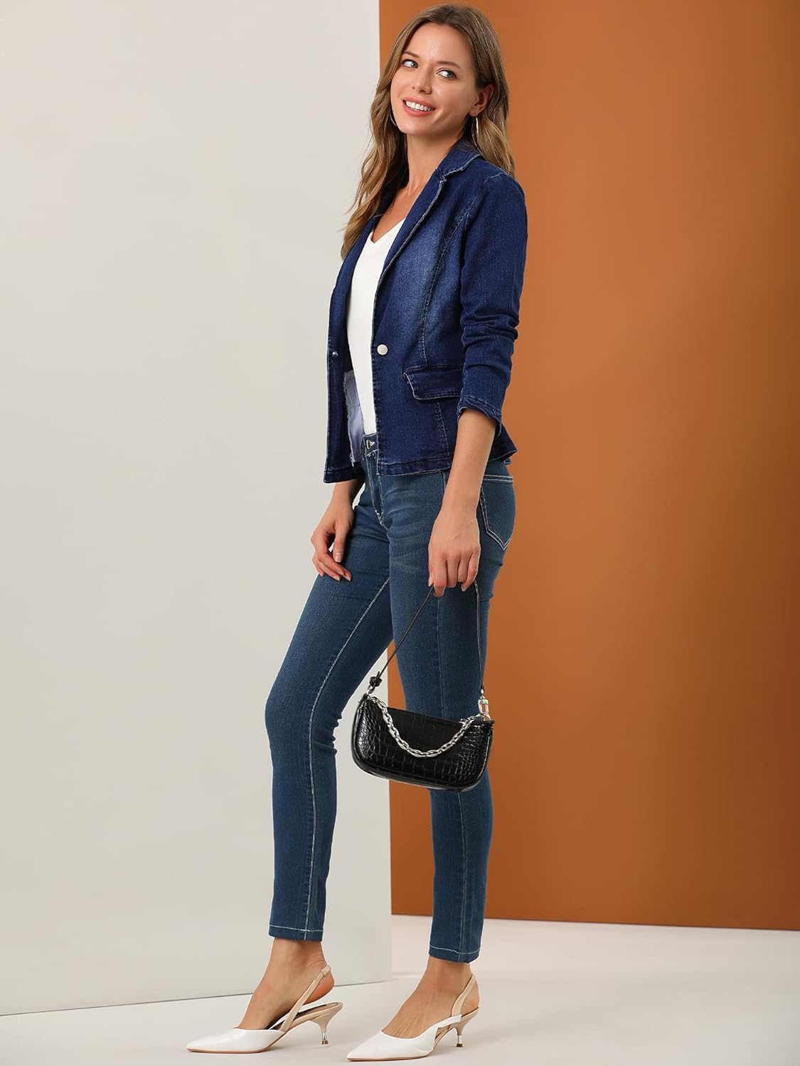 Allegra K Women's Notched Lapel One Button Long Sleeve Washed Business Denim Blazer - Image 4