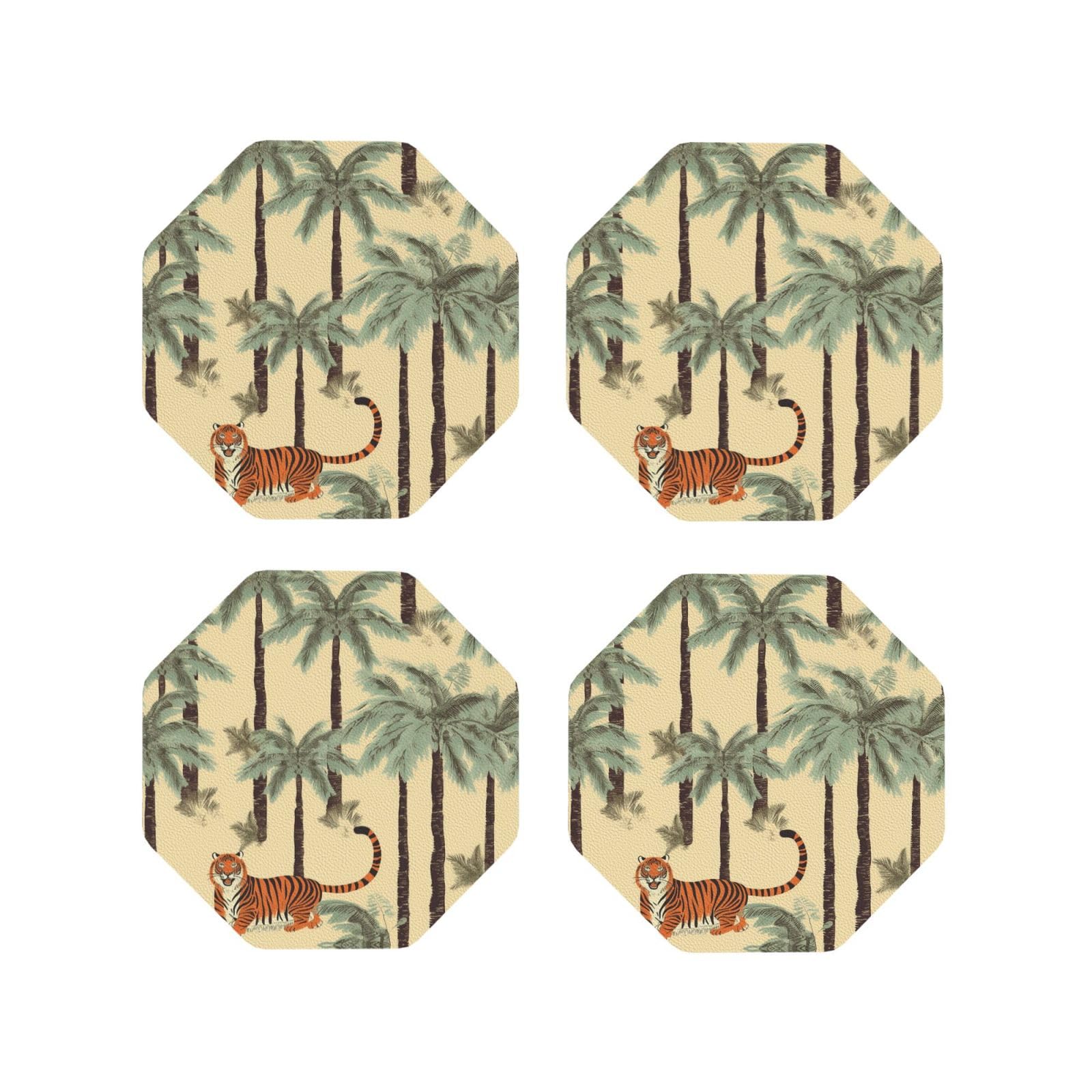 4pcs Drink Coasters for Tabletop Protection, 4" Leather Coasters for Drinks, Palm Trees and Tigers Cup Coasters for Coffee Table Decor, Non-Slip Drinking Cup Mat for Hot Or Cold Drink