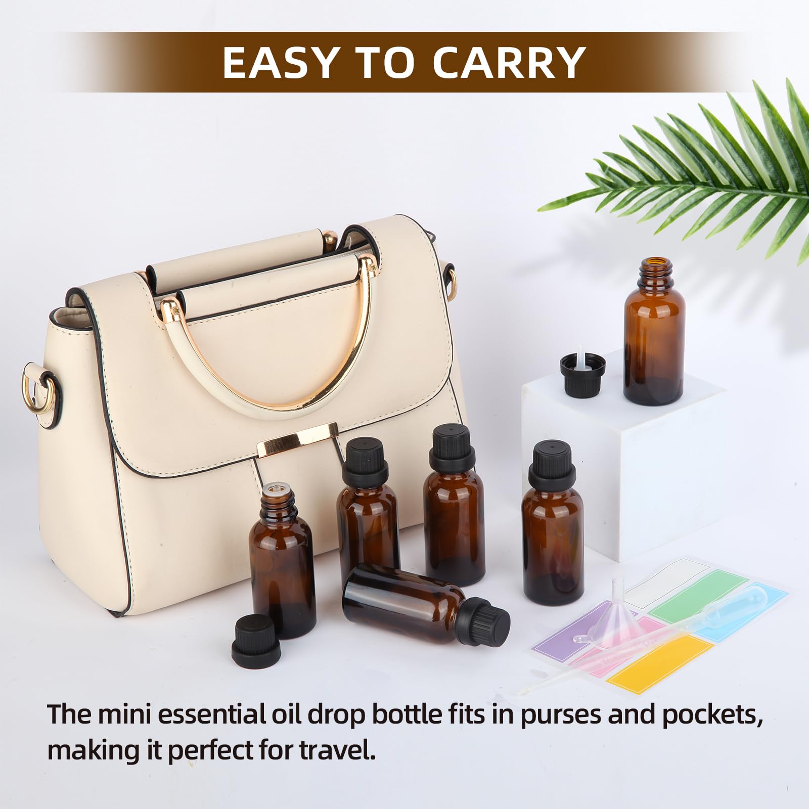 60 ml bursztynowa szklana butelka na olejki eteryczne z zakrętkami, pusta fiolka na próbki płynu podróżnego do aromaterapii perfum z lejkiem, plastikowy zakraplacz 3 ml i 6 etykiet