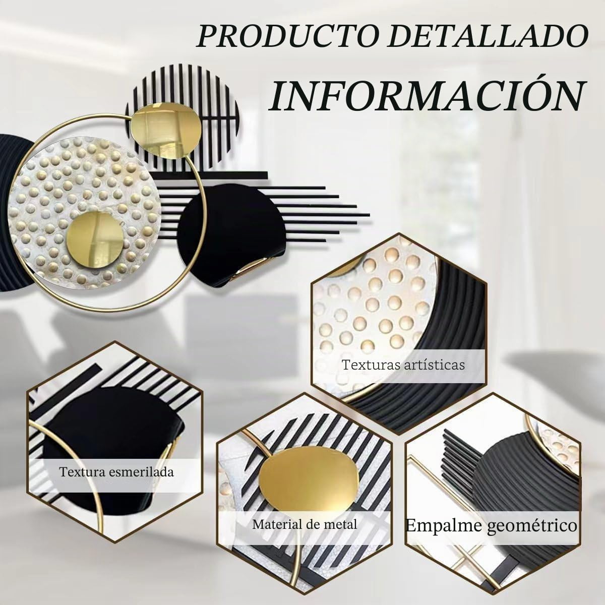 Arte de pared de metal grande en 3D, negro y dorado, decoración pared metal bohemio, esculturas pared metal circulares geométricas creativas modernas, decoración abstracta para el hogar,150 x 60 cm