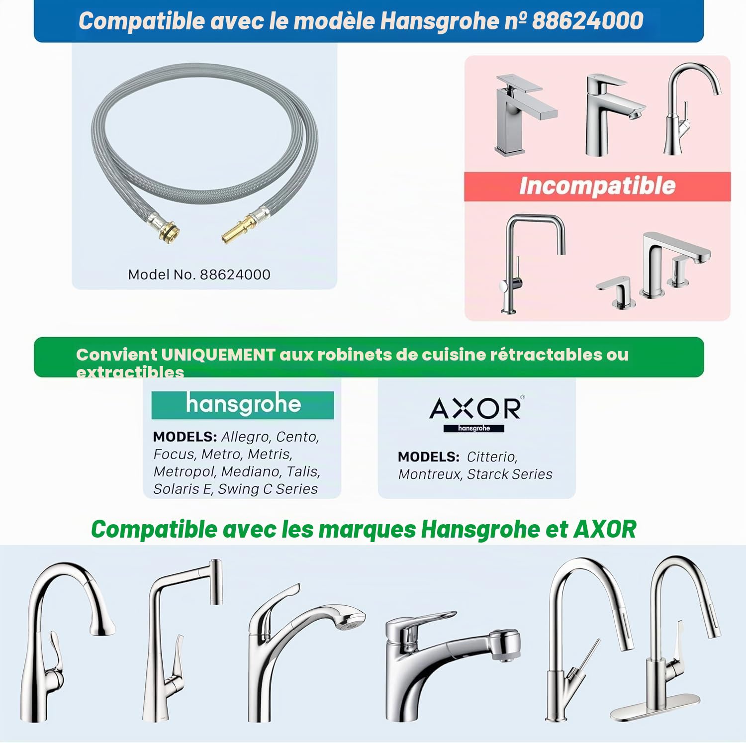 88624000 Pièce de rechange pour tuyau de robinet de cuisine Hansgrohe 95507000 95506000, longueur 149,9 cm