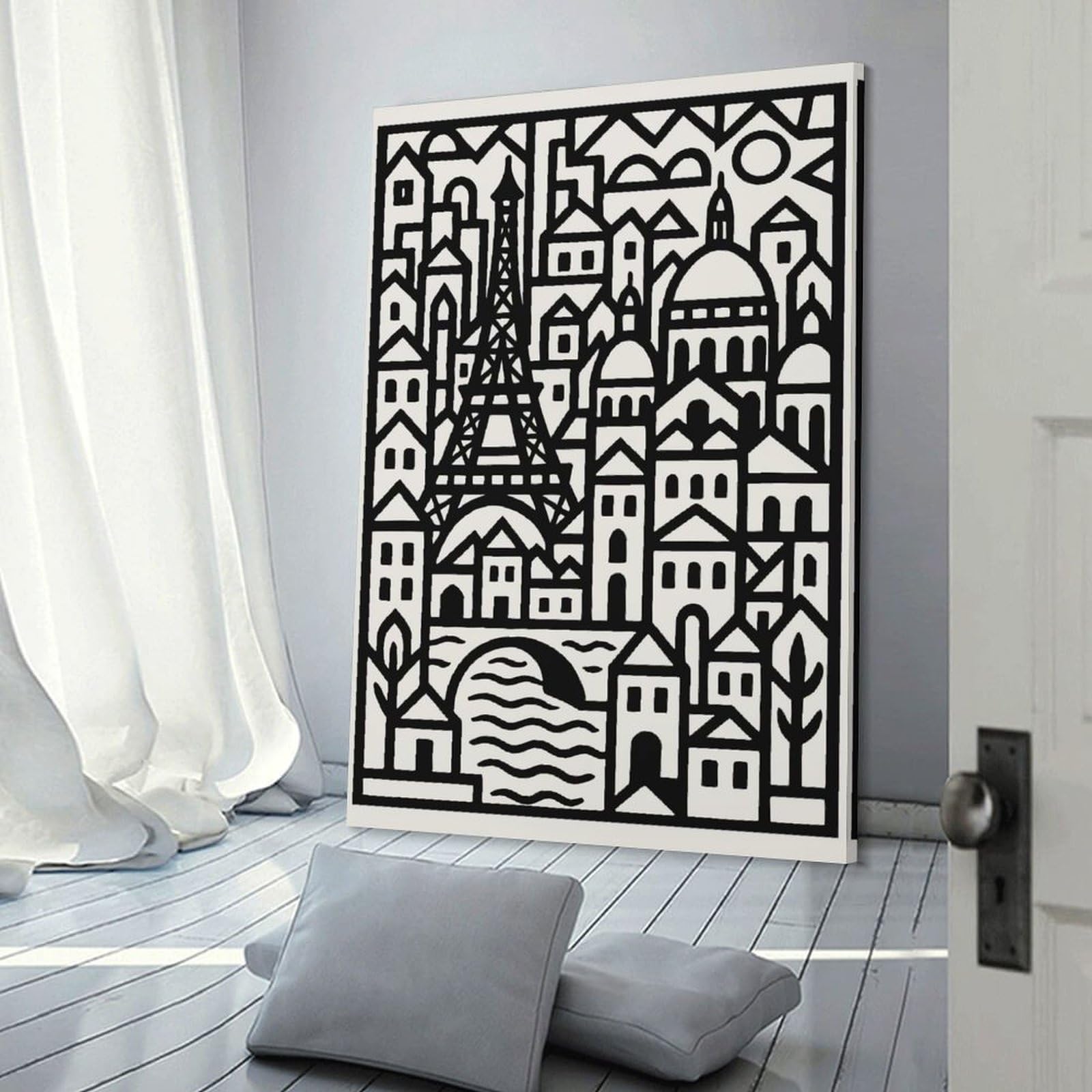 Junmoney Paris Cityscape Black And White Illustration Wall Art Print 08x12inch(20x30cm), for Gallery Wall Layouts in Home Or Office, An Easy Match for Collected Prints