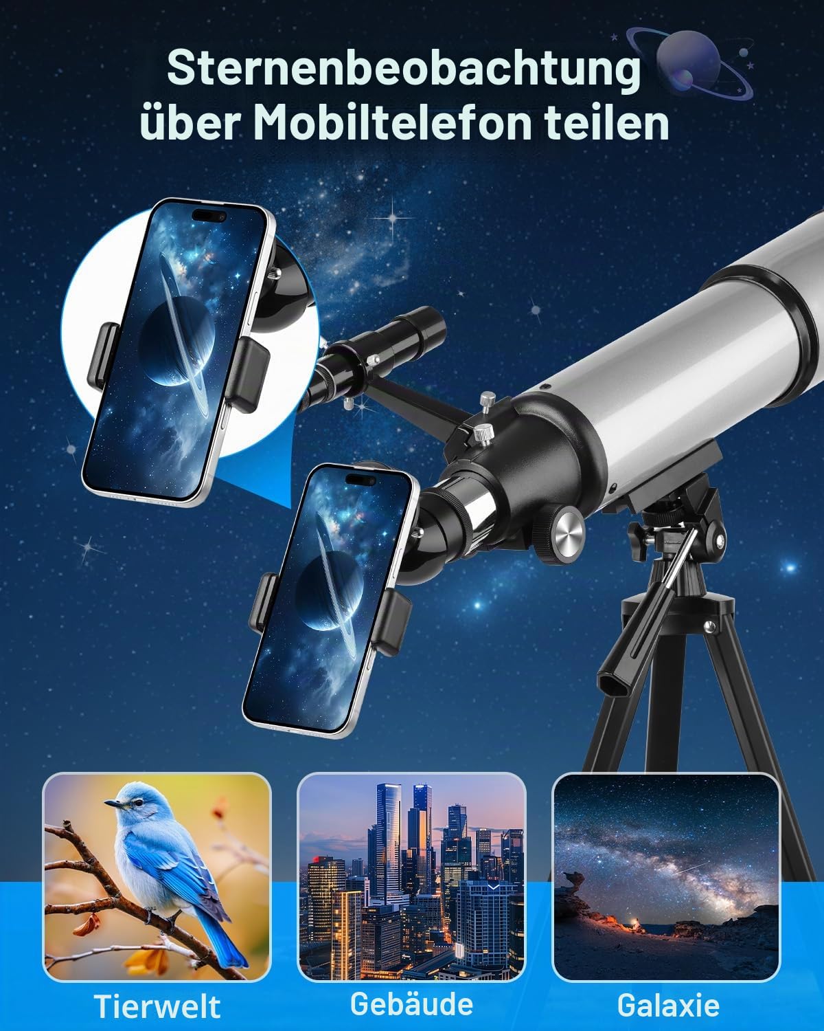 Teleskop Astronomie 90/600mm Refraktor mit Alu-Stativ – 2 Okularen (10mm & 25mm), 3X Barlow-Linse, Smartphone-Adapter & Tragetasche – Ideal für Sterne beobachten, Mond, Planeten & Vogelbeobachtung