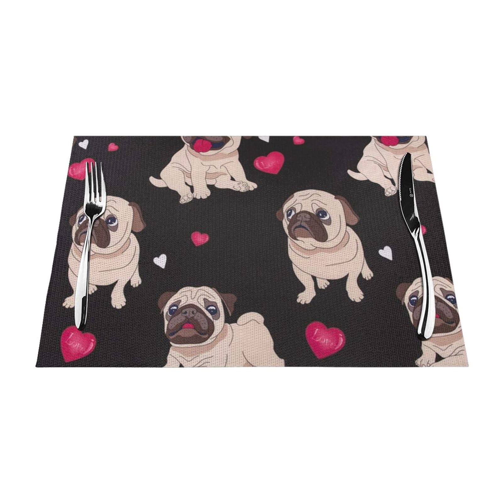 PVC Placemat Set of 4 PCS, 45x30 CM, Cute Pug Printed Non-Slip Heat Resistant Place Mats for Kitchen Dining Table Indoor Outdoor