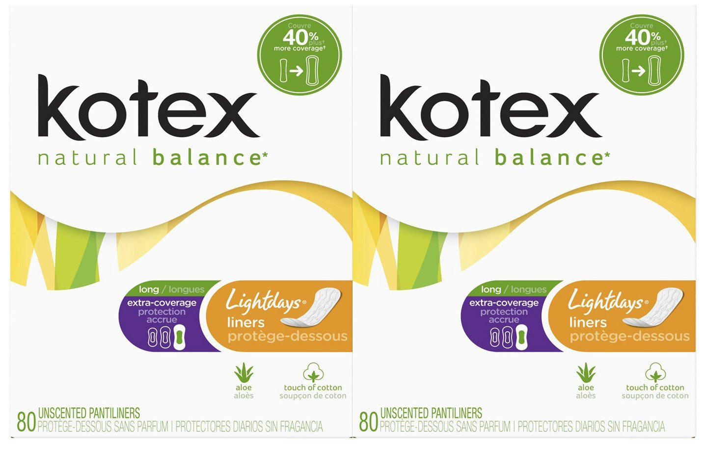 Kotex Natural Balance Lightdays Liners, Unscented, Extra Coverage, 80 Count, Pack of 2.