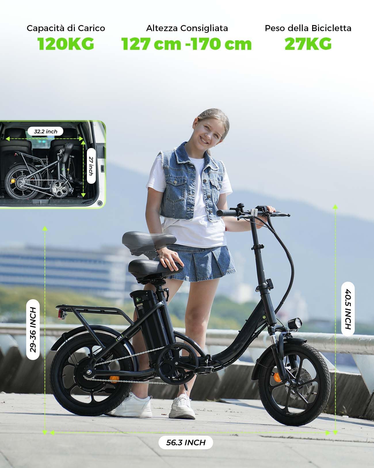 Finbike 250w Bici Elettrica Pieghevole, Bicicletta Elettrica A Pedalata Assistita, 374.4WH Batteria, Max Autonomia 88KM, 3 Modalità Di Guida, Carga 120kg