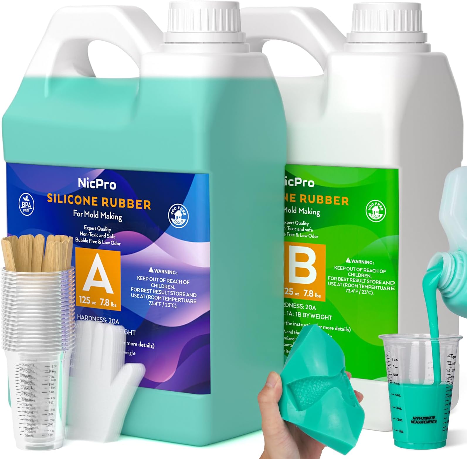 250 oz Silicone Mold Making Kit 20A, Platinum Liquid Silicone Rubber for Mold Maker, Jade Green Flexible & Food Safe Mix Ratio 1:1 for Casting 3D Resins Molds DIY with Gloves, Sticks & Cups