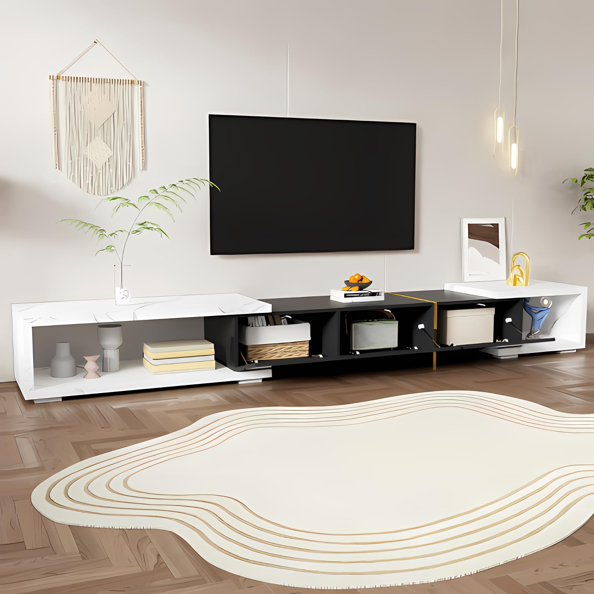 Mobile TV con lunghezza variabile (140 – 260 cm), finitura opaca, con funzione girevole, effetto marmo bianco, per soggiorno, camera da letto