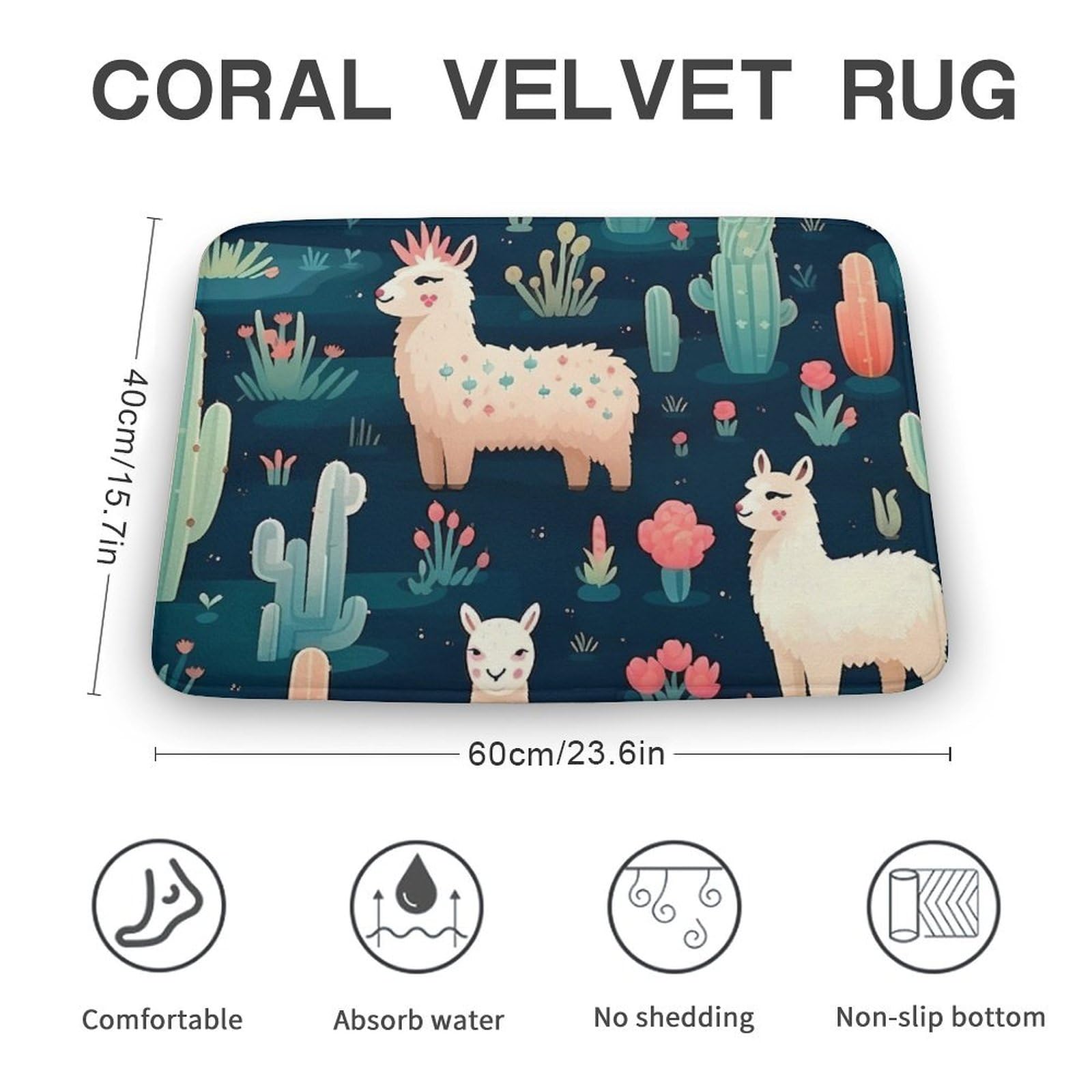 Cute Llama Coral Velvet Rugs Non-Slip Bathroom Rugs Soft Kitchen Rug Floor Carpet for Home Decor 15.7