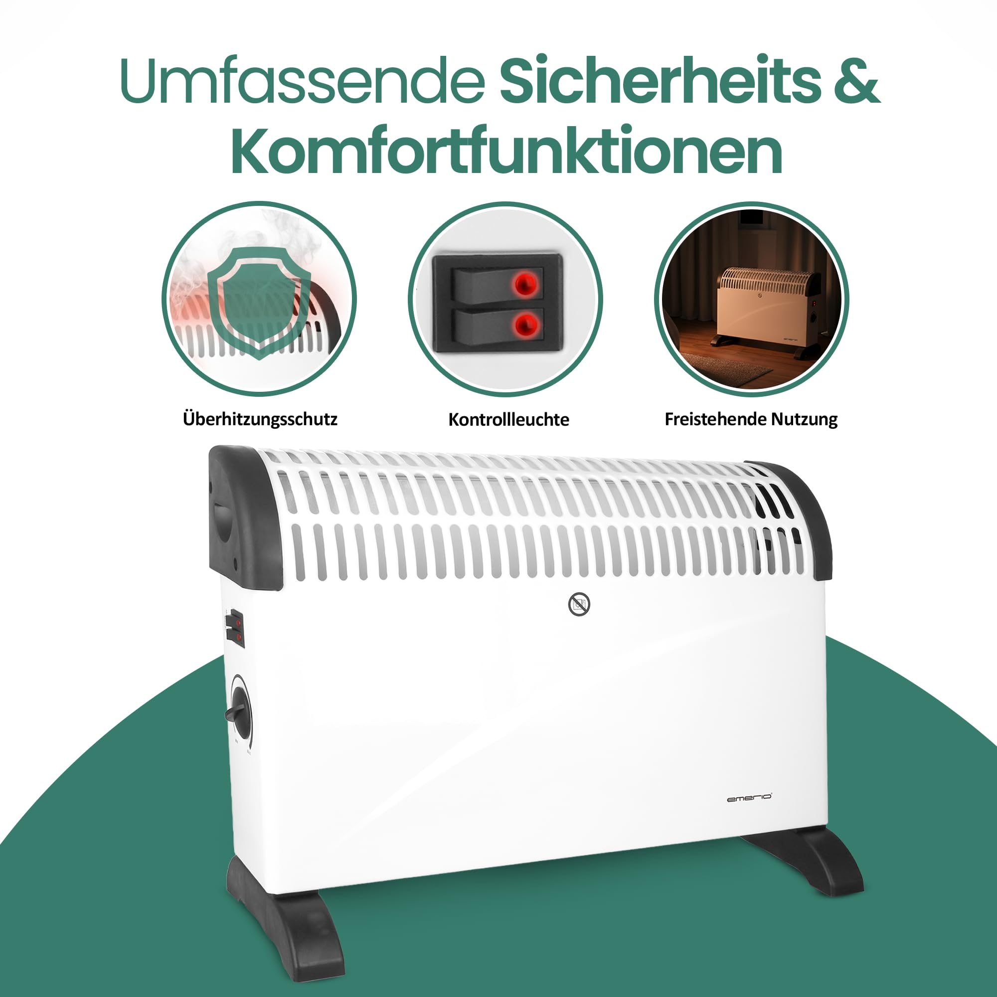 EMERIO Convector CH-121858.2 Calefacción eléctrica, hasta 20 m², 2000 W, con termostato ajustable, calefactor, 3 ajustes de calor (750 W/1250 W/2000 W), protección contra sobrecalentamiento, estable