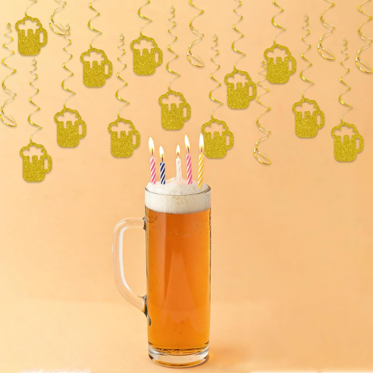 Beer Party Decorations Hanging Swirls, Gold Glitter Beer Mug Cheers and Beers Birthday Streamers Ceiling Decorations for Beer Party and Birthday Wedding Party Supplies