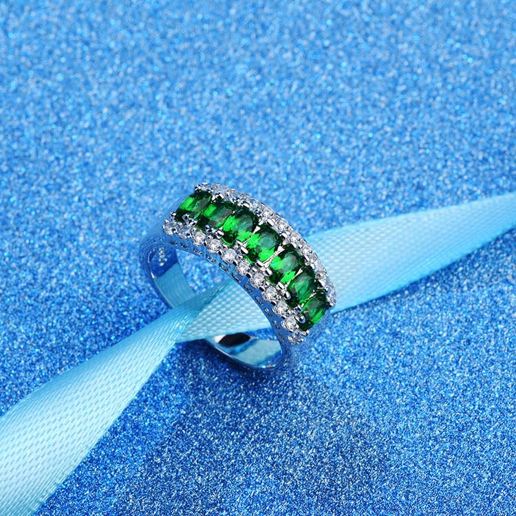 Silver Plated 7-Stones Oval Cut Created Blue Sapphire Cubic Zirconia Filled Engagement Wedding Proposal Promise Band Gorgeous Ring for Women Ladies Eternal Love Jewelry3