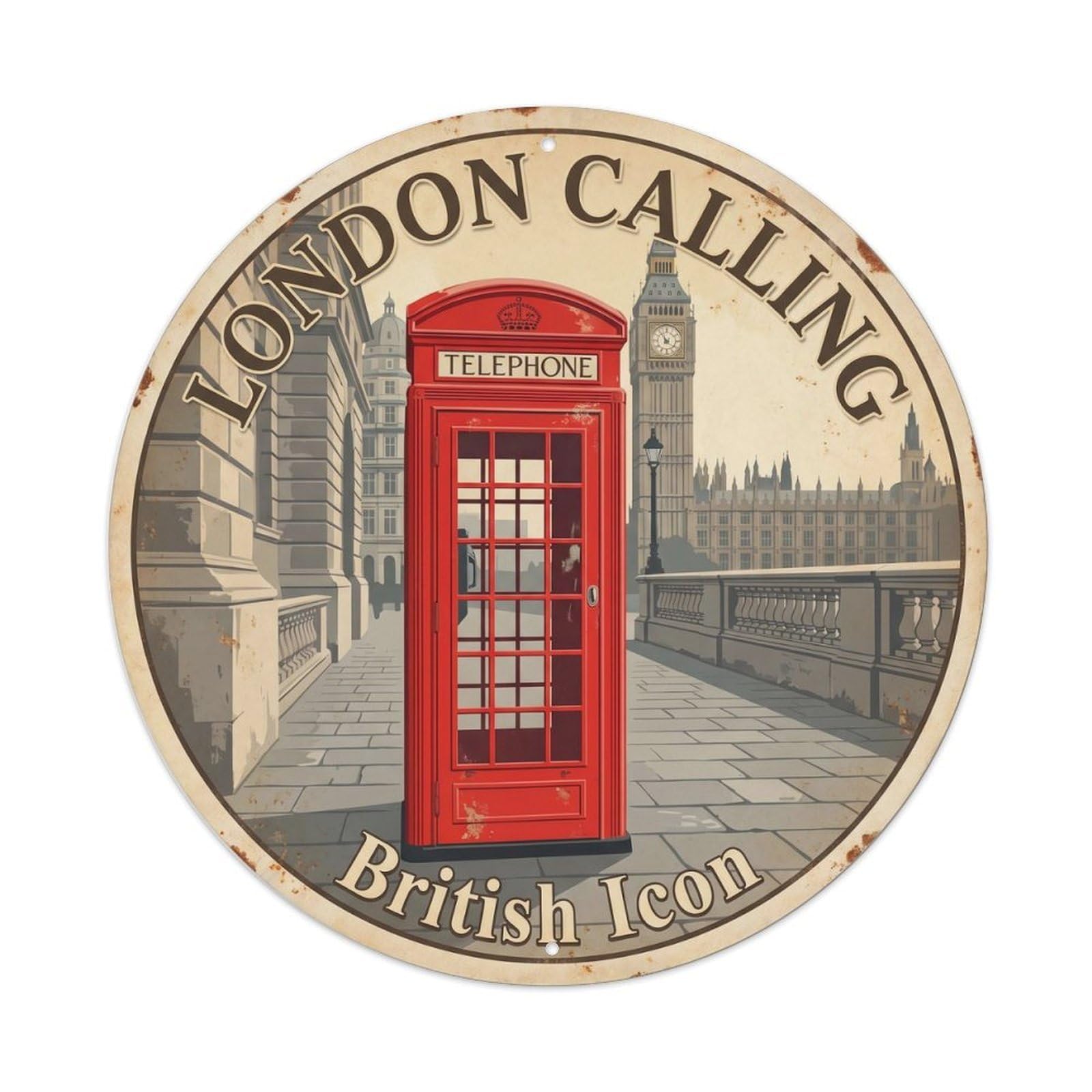 Vintage Travel Telephone Booth London Metal Tin Sign Plaque Wall Decor for Cafe, Club Bar, Office, Home Garden Round Metal Poster 8x8Inch