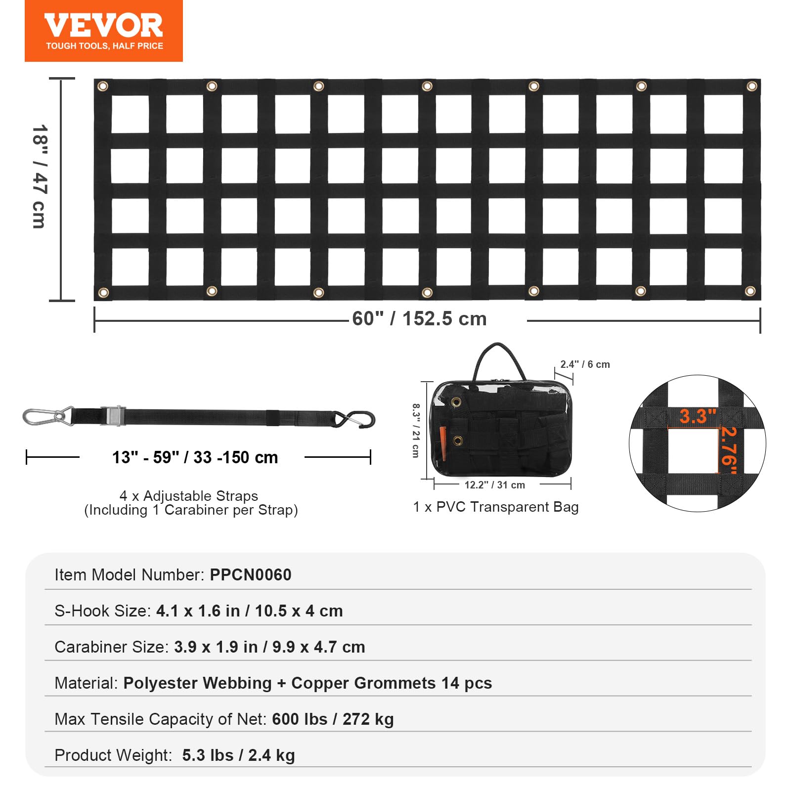 VEVOR Rete per Portellone Posteriore, 1510 x 470 mm, Rete per Carichi Pesanti per Cassone di Camion con 4 Cinghie Telescopiche Regolabili, Estensibile e Durevole, Adatta per Pick-up Camion Jeep SUV