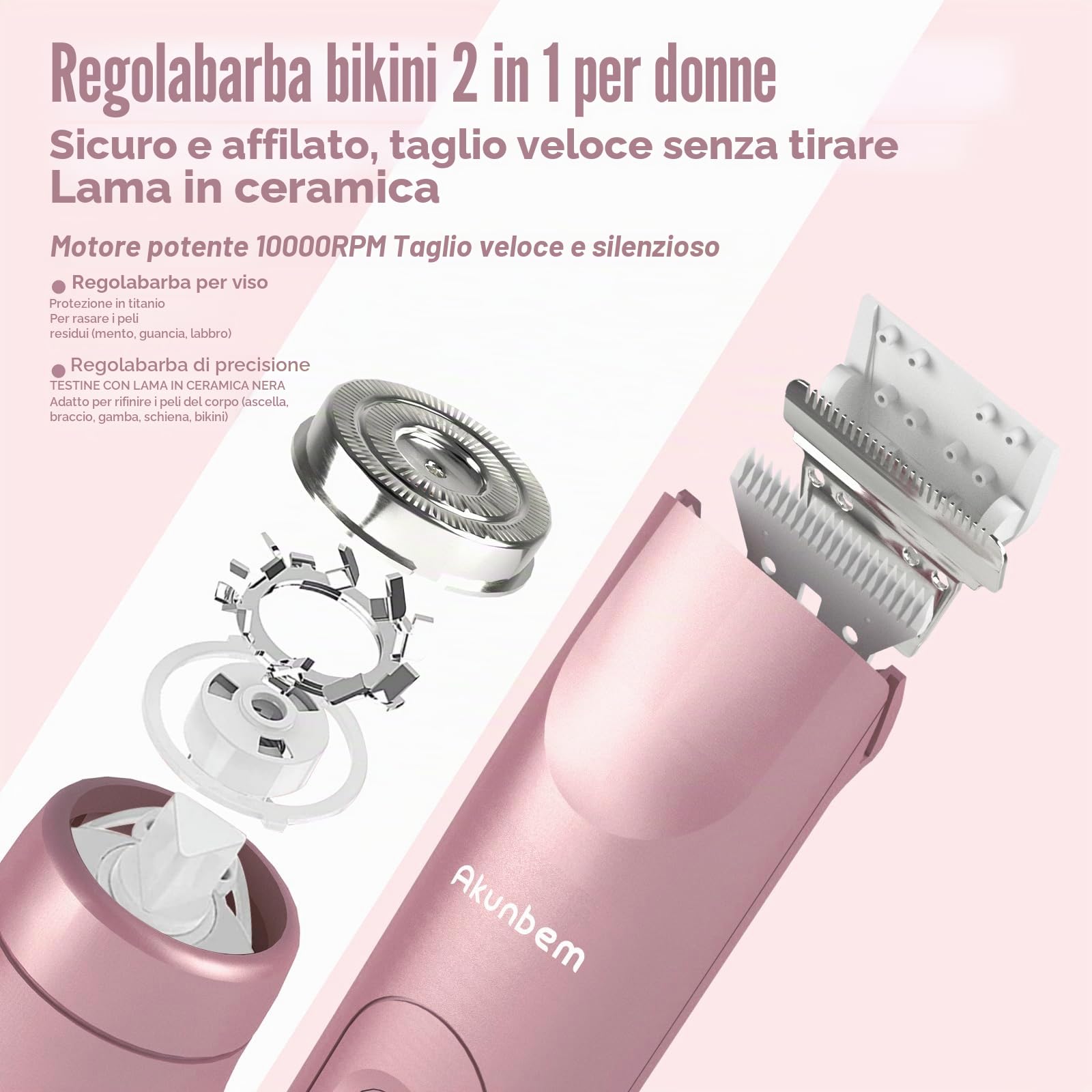 Akunbem Rasoio elettrico da donna 2 in 1 per bikini, rasoio elettrico a doppia testa, impermeabile IPX7, per uso bagnato e asciutto, per rimuovere i peli del corpo, per bikini, ascelle, gambe e
