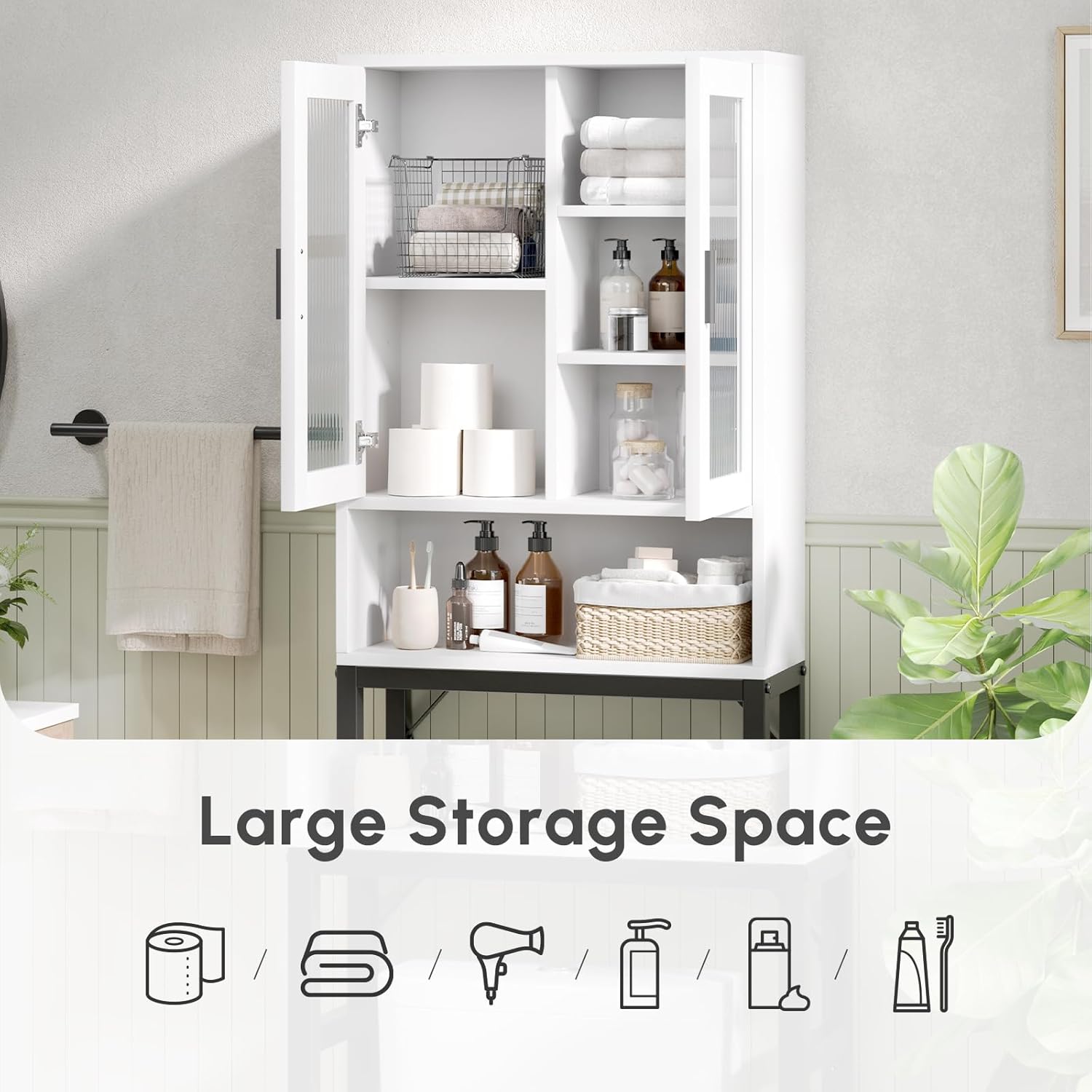 USHOWER Over The Toilet Storage Cabinet, Bathroom Organizer with Tempered Glass Doors, Thicken Metal Stand & MDF Wood, Freestanding Space Saver, White