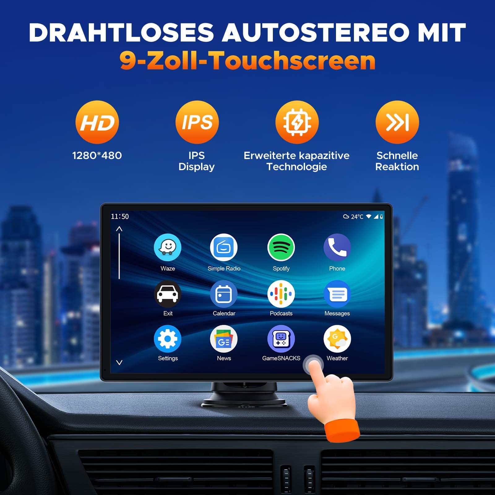 Volam Autoradio Portatile con Wireless A-pple Carplay & Android Auto, 9 Pollici Radio Auto Portatile con IPS Touchscreen, Auto Stereo Radio con Bluetooth 5.0/GPS/Controllo Vocale/Mirror Link/FM/AUX