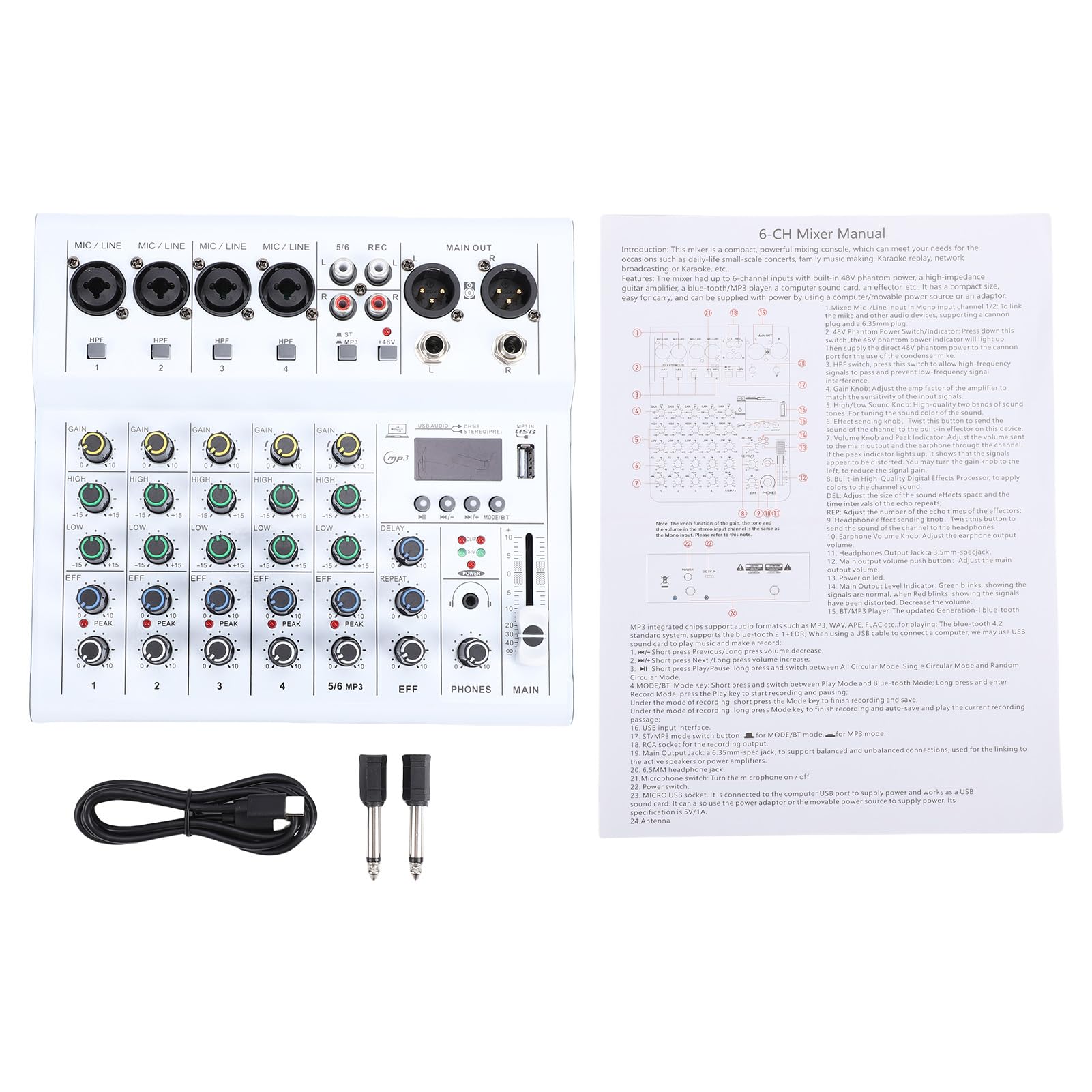 Walmeck 6-Kanal-Mini-Soundmixer, DJ-Controller, Professionelle Aufnahme-Soundkarte mit BT-MP3-Player, 48 V Phantomspeisung, Integrierter Gitarrenverstärker, Tragbare Mischkonsole für (Weiß)