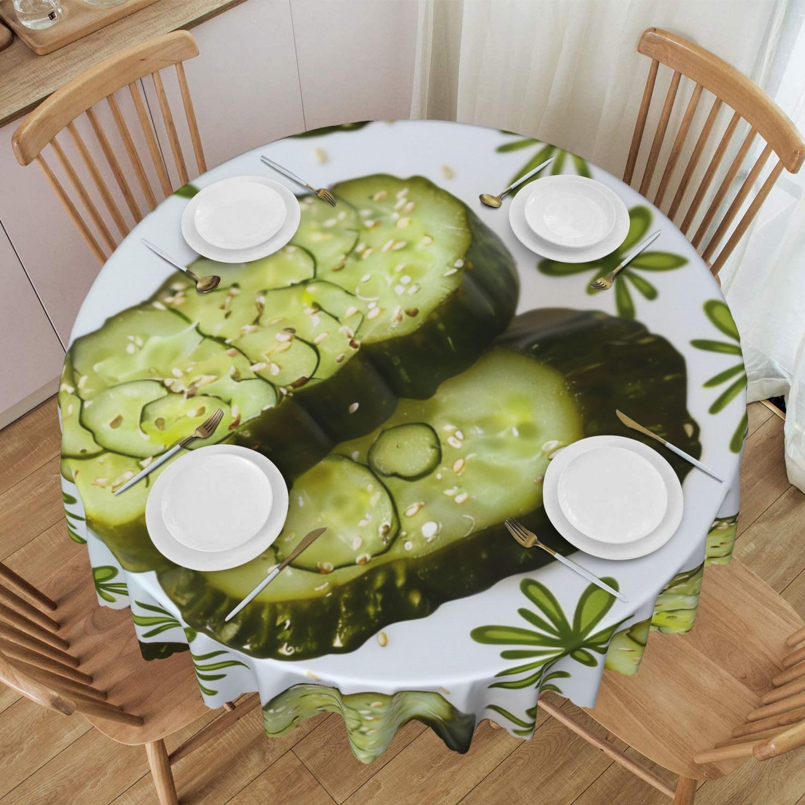 WPKJU Sushi Dill Pickles Printed Round Tablecloth 60 Inch with Lace Trim, Water-Resistant Washable Table Cover for Farmhouse Weddings, Outdoor Picnics & Holiday Dining
