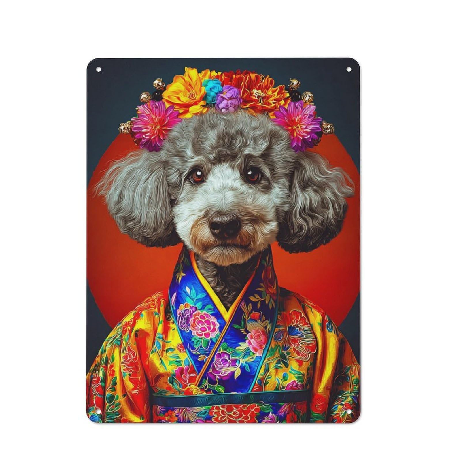 Junmoney Floral Crowned Poodle In Vibrant Kimono Metal Wall Sign 40X30cm, Retro Decor For Hallway Wall, For Wall Display Collectors