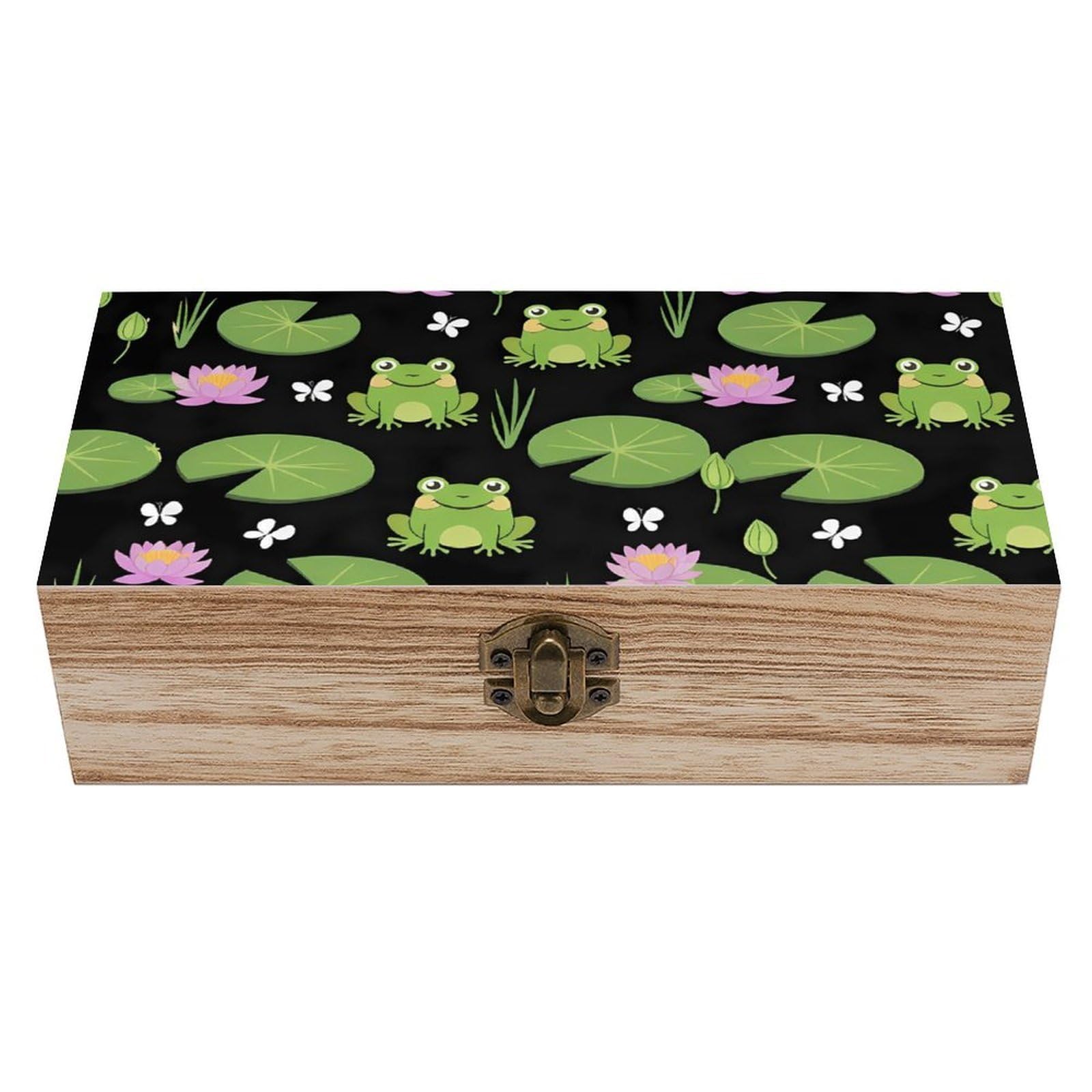 SMAZDFXX Cute Green Frogs Black Wooden Storage Box With Hinged Lid Decorative Front Clasp Keepsake Boxes