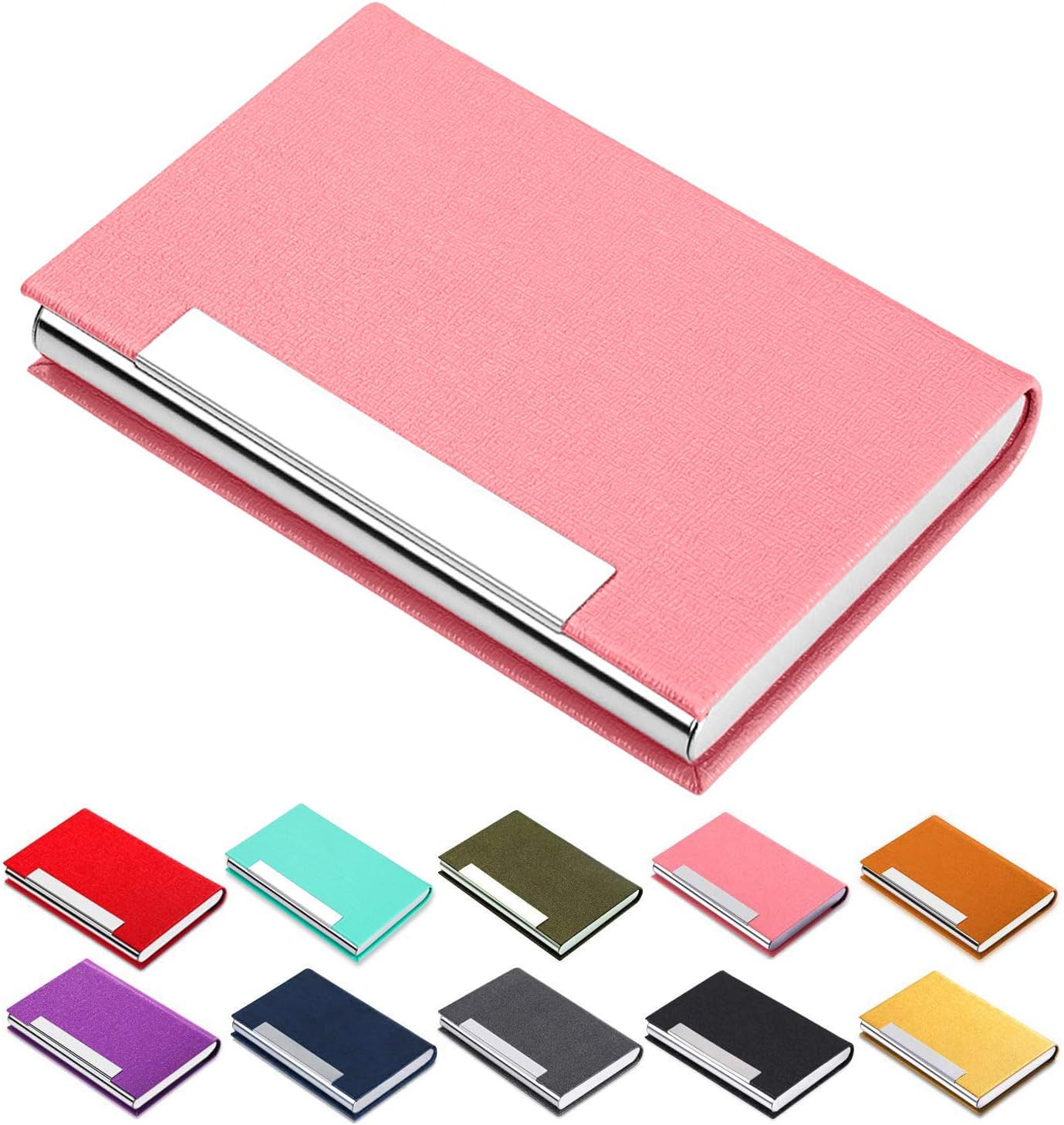 Business Card Holder Business Card Case - JuneLsy Luxury PU Leather and Stainless Steel Metal Card Holder for Women with Magnetic Shut Keep Business Cards Clean (Pink-7)