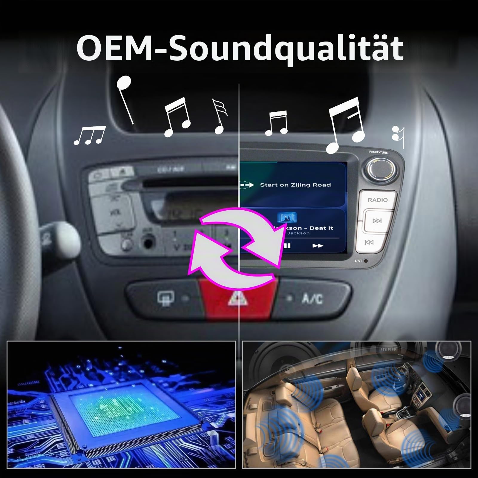 Linux-Autoradio für Peugeot 107/Toyota Aygo/Citroen C1 2004-2014 mit kabellosem CarPlay und Android Auto, 2-Sekunden-Boot, physische Drehregler, OEM-Sound, Plug & Play-Installation