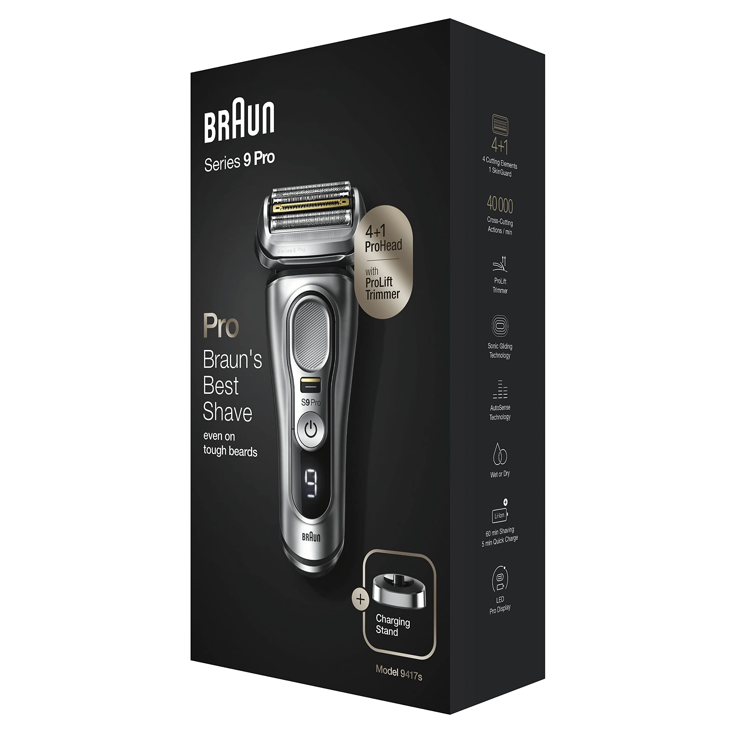 Braun Series 9 Pro, Regolabarba Uomo, Rasoio Elettrico Barba Rifinitore di precisione, Custodia da Viaggio in tessuto, Batteria Litio Ion, 100% Impermeabile Idea Regalo, 9417s Grigio Argento