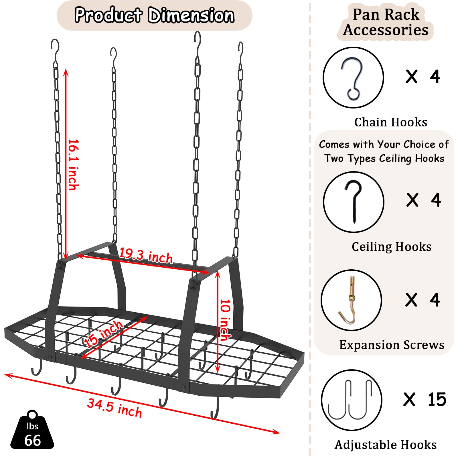 Estante hexagonal para colgar ollas de techo con 15 ganchos | Estante organizador de metal para colgar ollas y sartenes de 34 pulgadas, para utensilios de cocina
