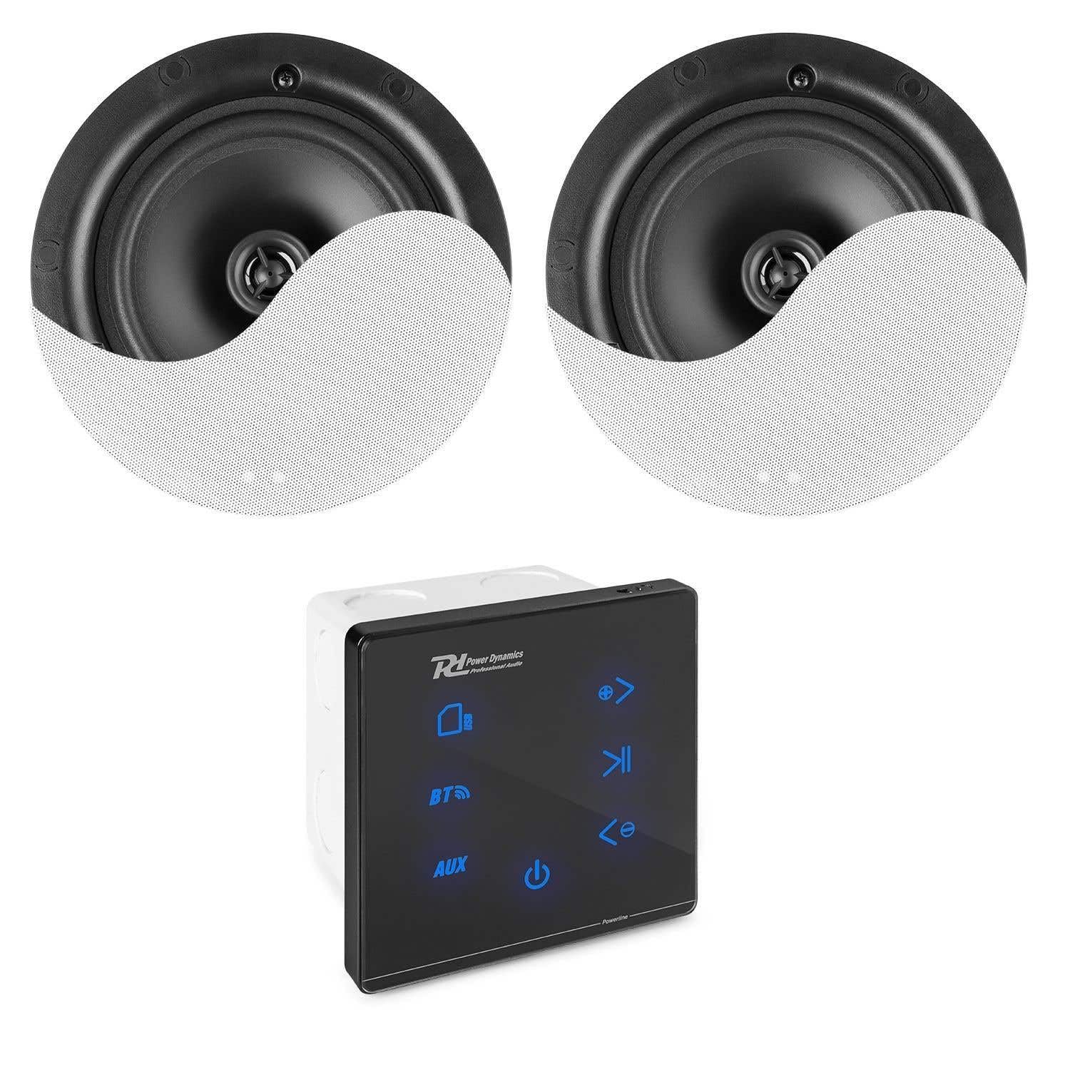 Power Dynamics Powerline A50BSET Kit Amplificador 2 x 20 W con Altavoces de Techo, Receptor inalámbrico Bluetooth, USB y Micro SD, Pantalla táctil, Incluye Mando a Distancia