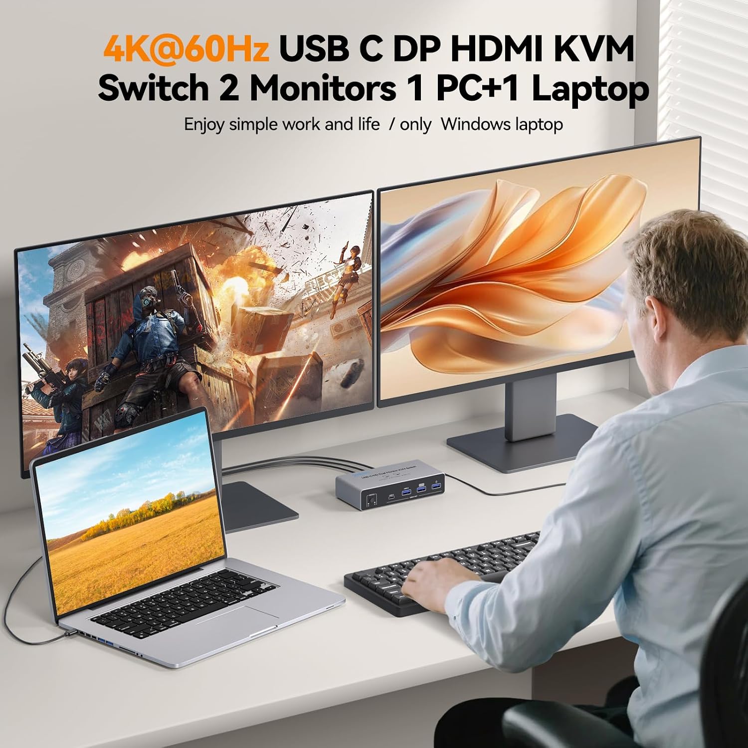 KVM Switch 2 Monitors 2 Computers USB C, Desktop + Laptop Dual Monitor KVM Switch, Support 4K@60Hz with PD Power Function for Laptop, Suitable for Office/Work from Home, Programmer Setup, AI Worker